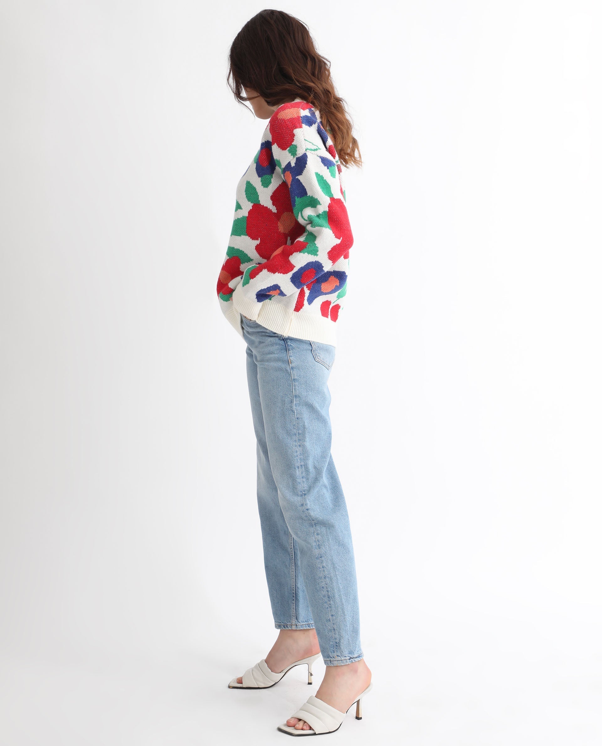 Rareism Women Bennett Sheen Multi Acrylic Fabric Full Sleeves Relaxed Fit Floral Print Round Neck Sweater