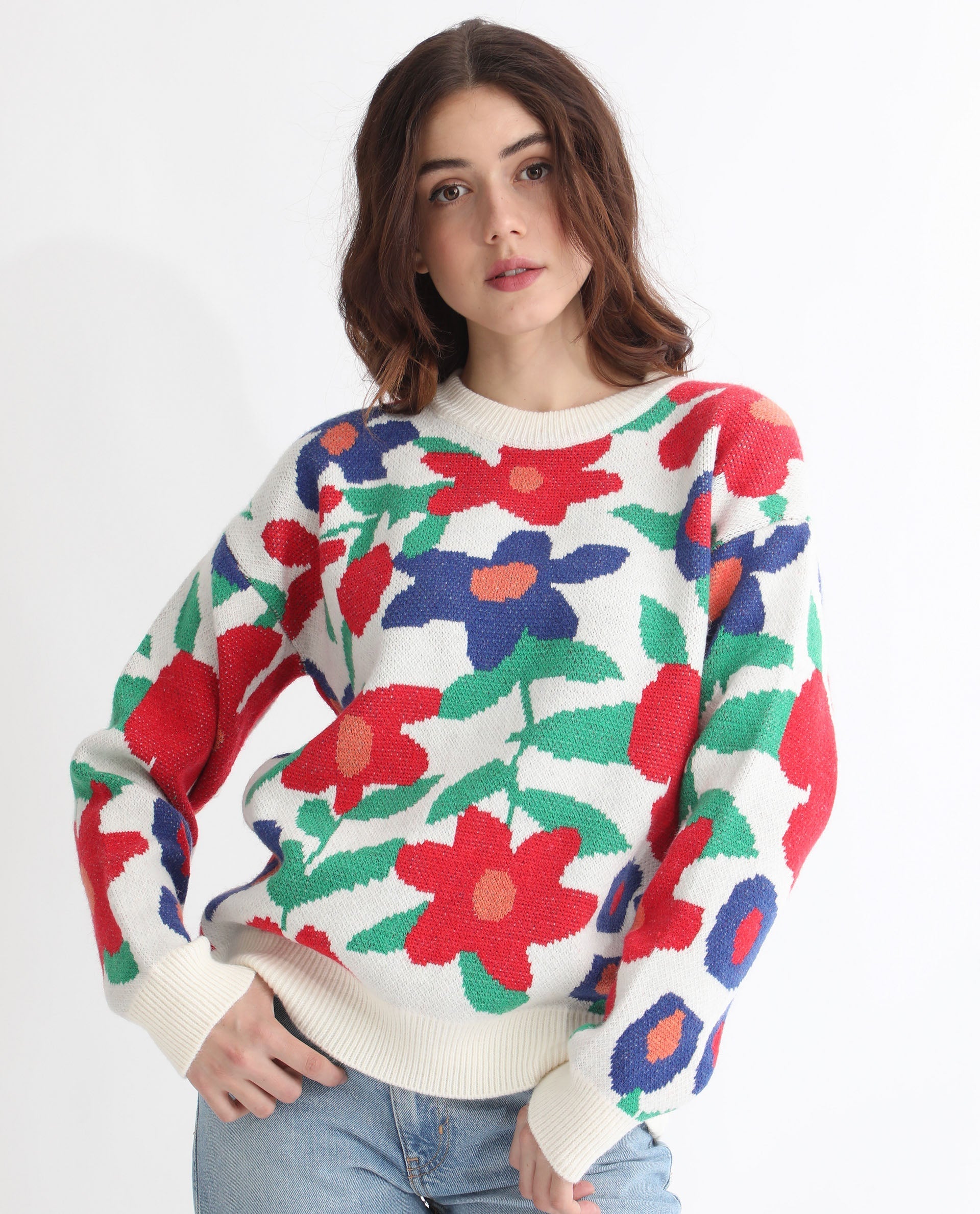 Rareism Women Bennett Sheen Multi Acrylic Fabric Full Sleeves Relaxed Fit Floral Print Round Neck Sweater