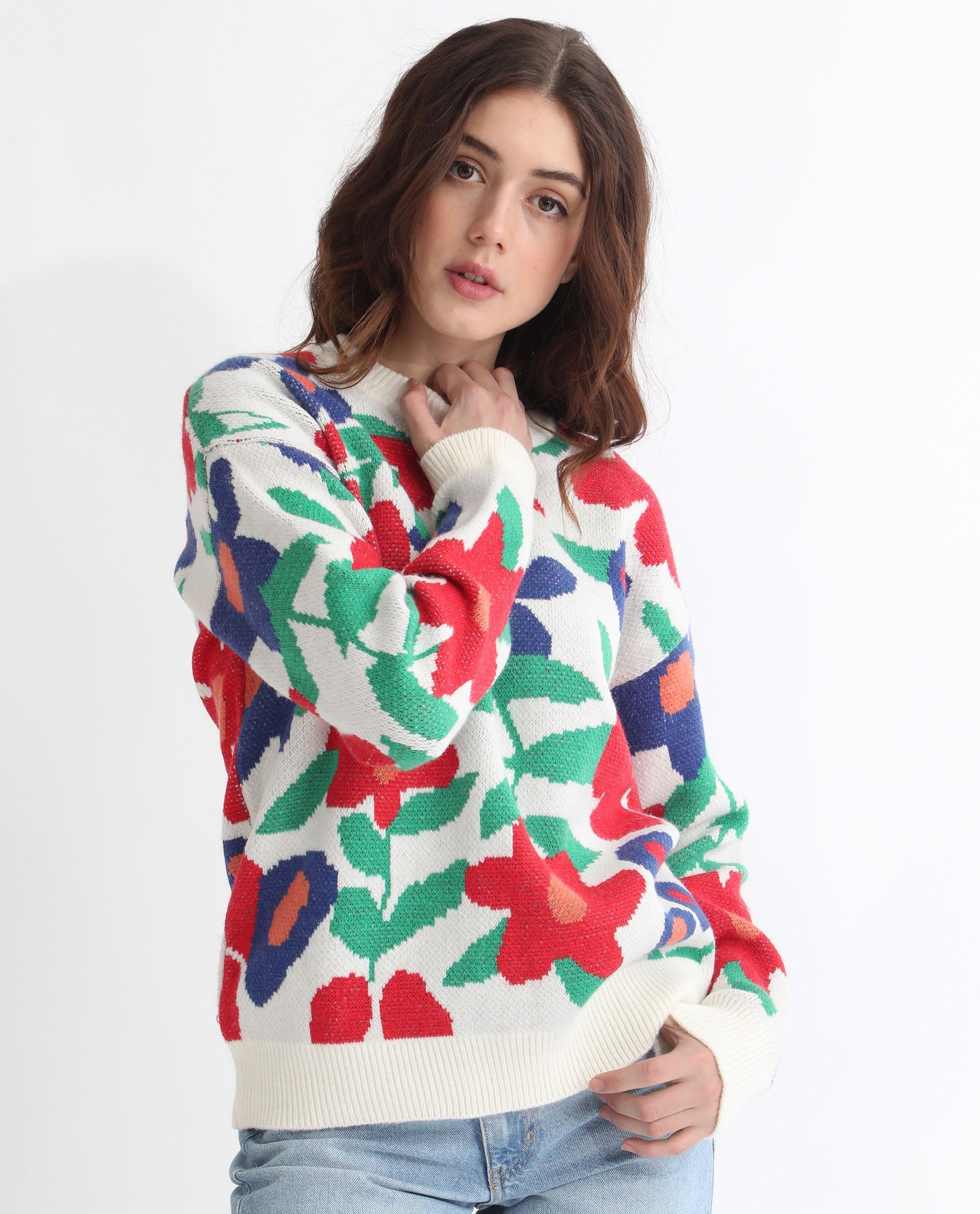 Rareism Women Bennett Sheen Multi Acrylic Fabric Full Sleeves Relaxed Fit Floral Print Round Neck Sweater