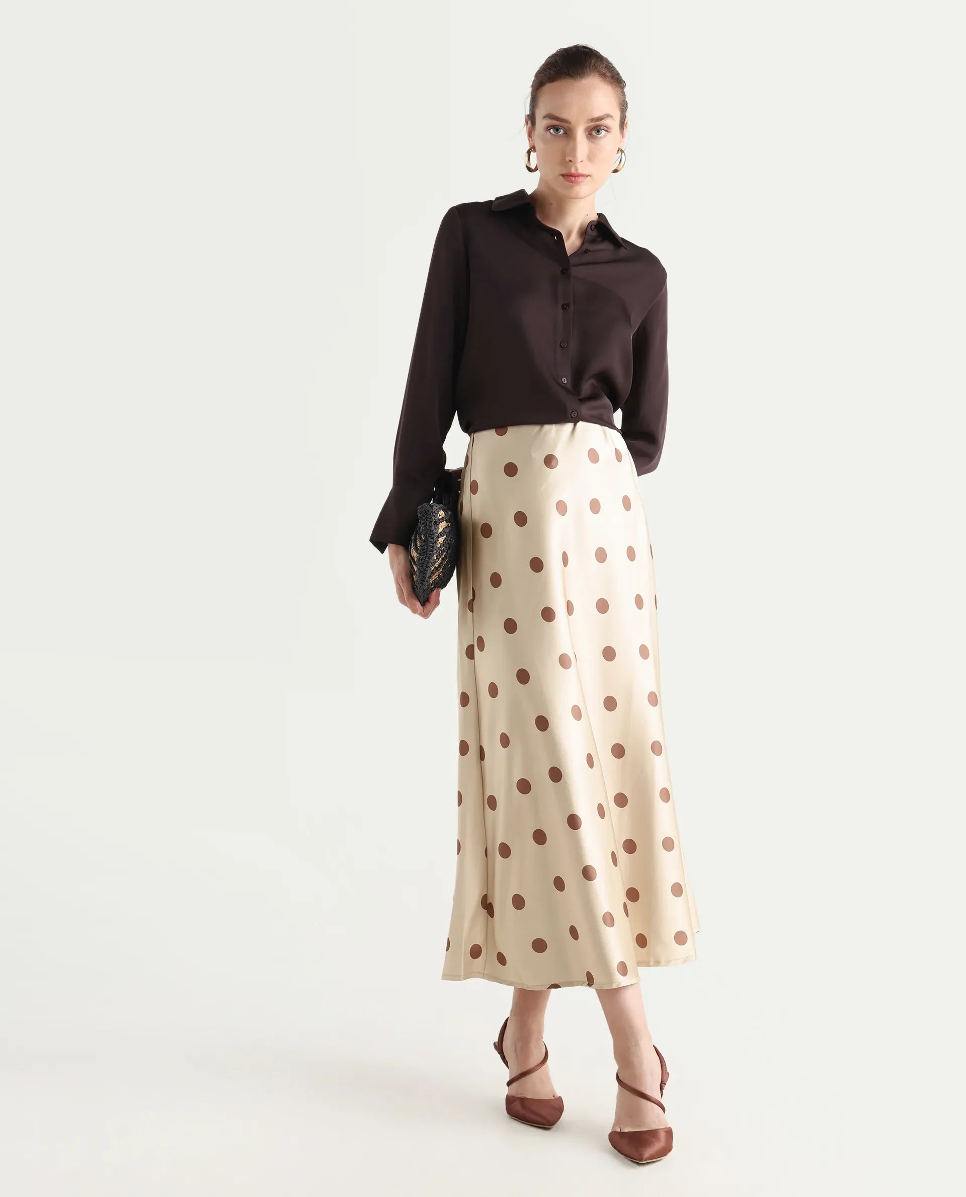 Rareism Women's Berdo-B Beige Polyester Blend Polka Print Maxi Flared Skirt