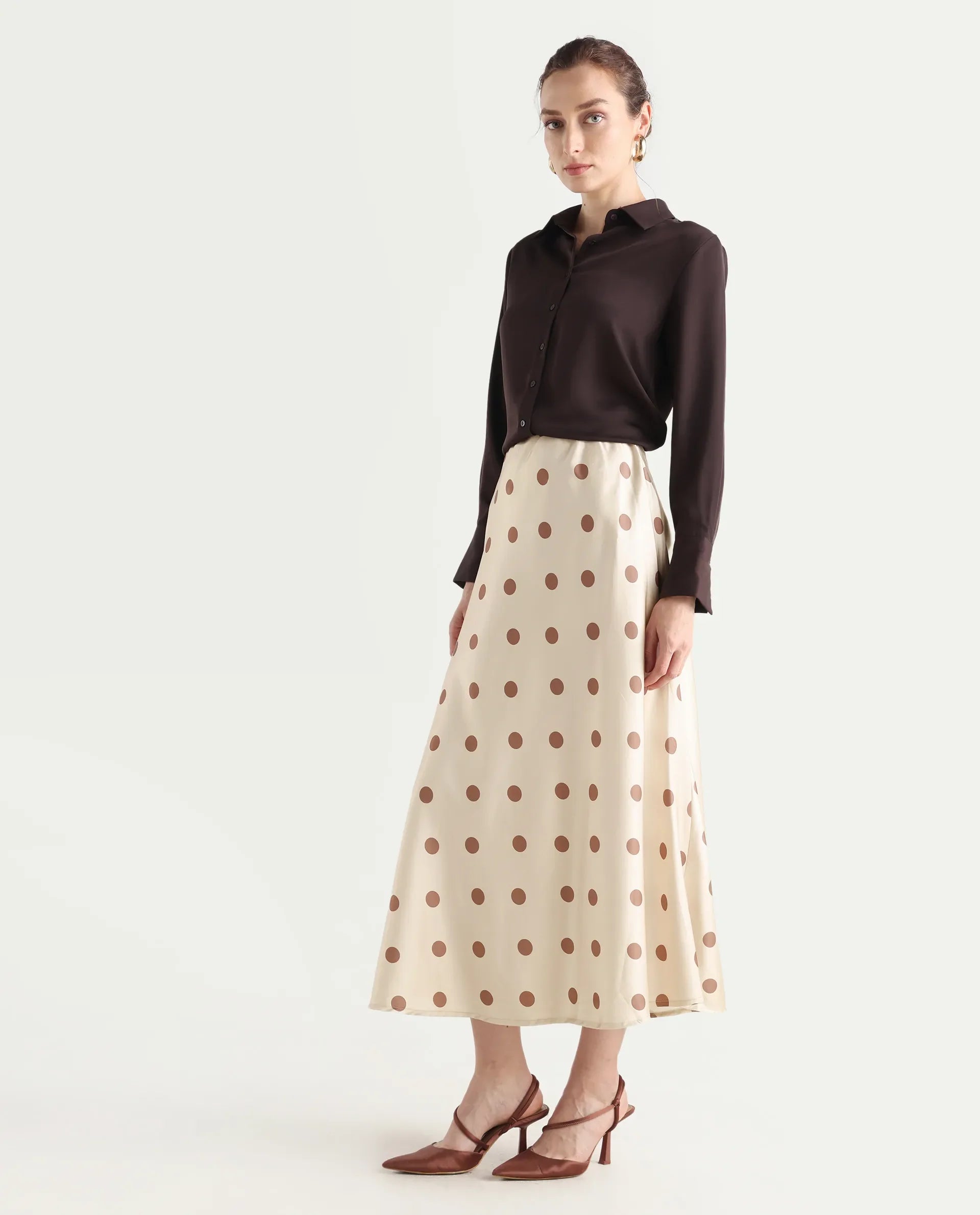 Rareism Women's Berdo-B Beige Polyester Blend Polka Print Maxi Flared Skirt