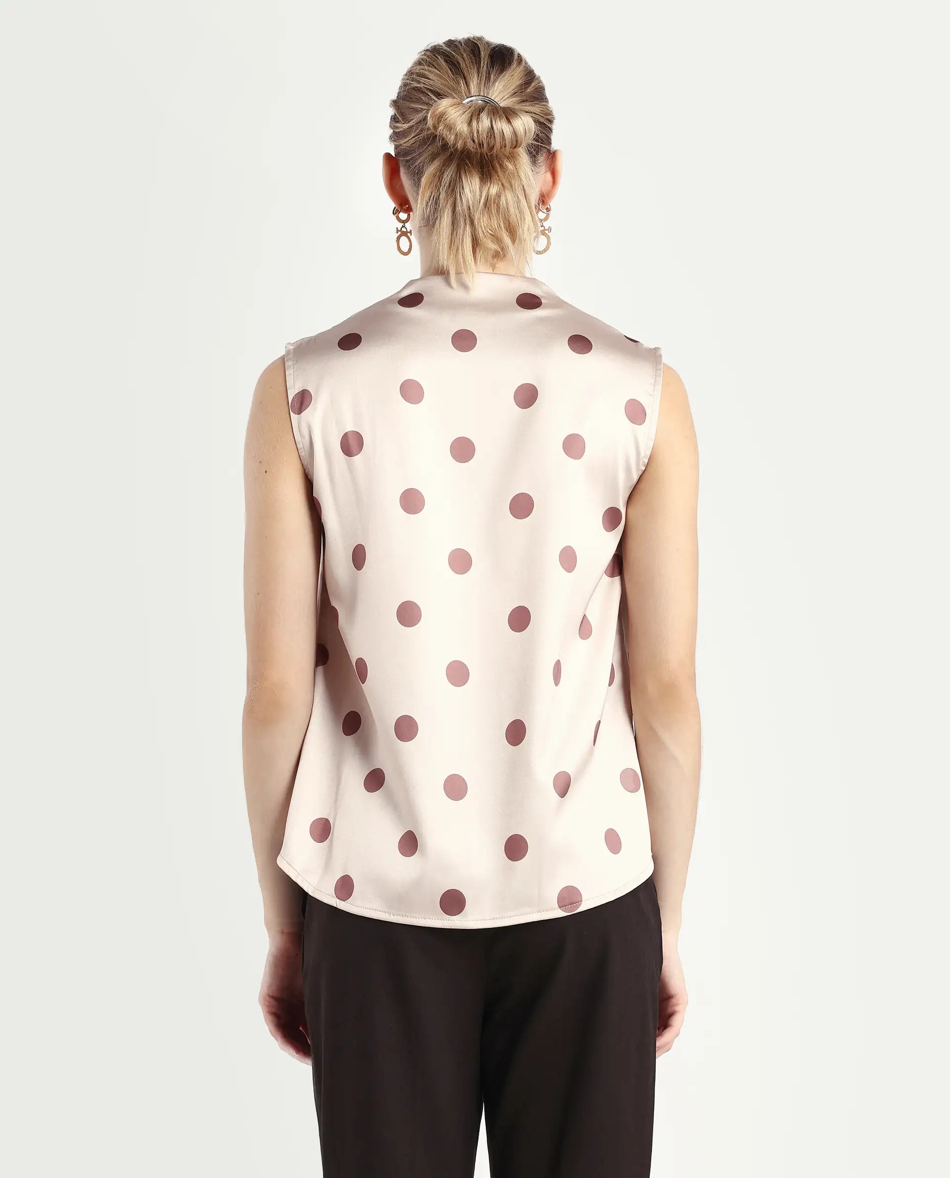 Rareism Women's Berdo-T Beige Polyester V-Neck Polka Print Sleeveless Regular Fit Top