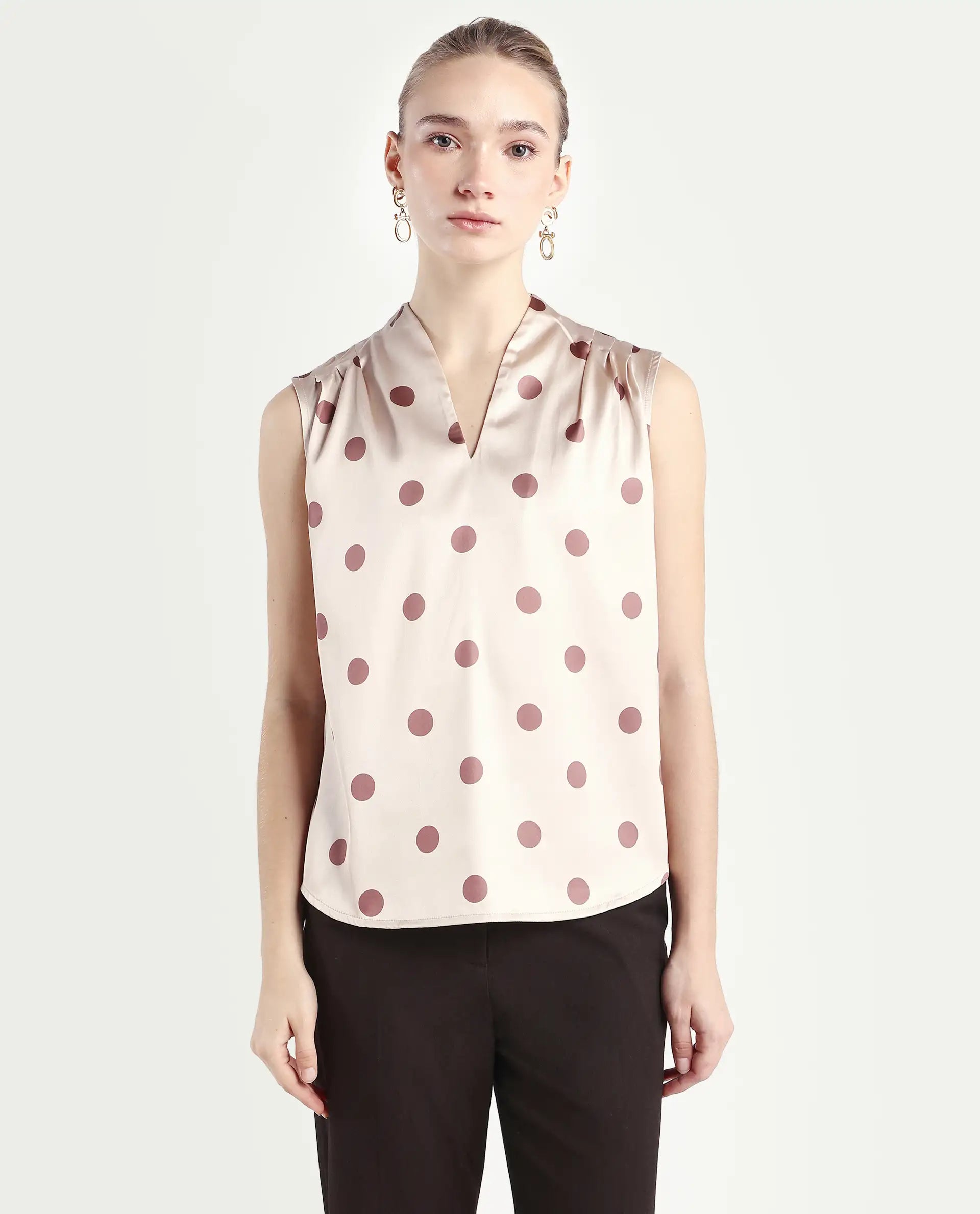 Rareism Women's Berdo-T Beige Polyester V-Neck Polka Print Sleeveless Regular Fit Top