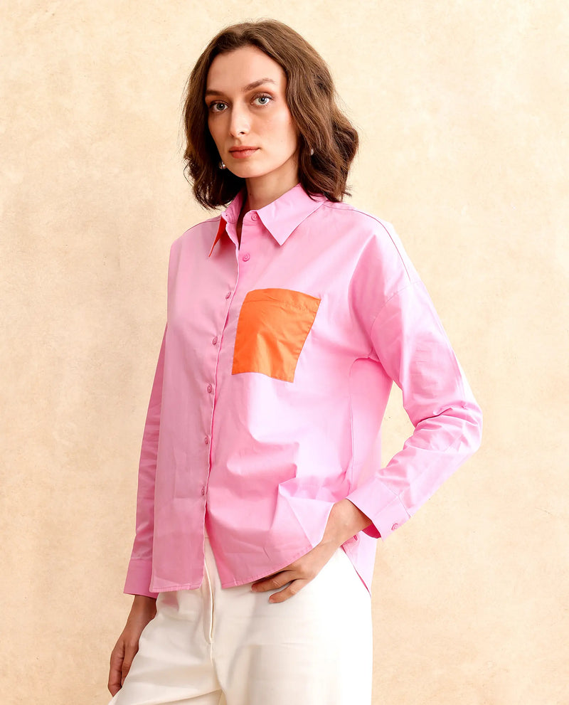 Rareism Women Bereio Pink Poplin Fabric Cuffed Sleeve Collared Neck Button Closure Plain Shirt