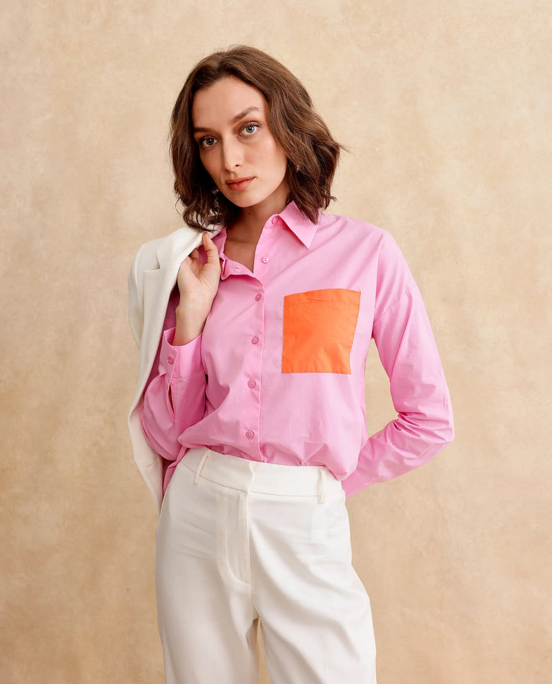 Rareism Women Bereio Pink Poplin Fabric Cuffed Sleeve Collared Neck Button Closure Plain Shirt