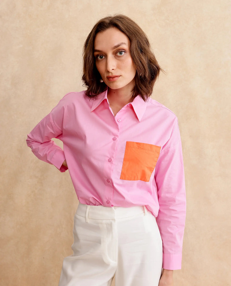 Rareism Women Bereio Pink Poplin Fabric Cuffed Sleeve Collared Neck Button Closure Plain Shirt