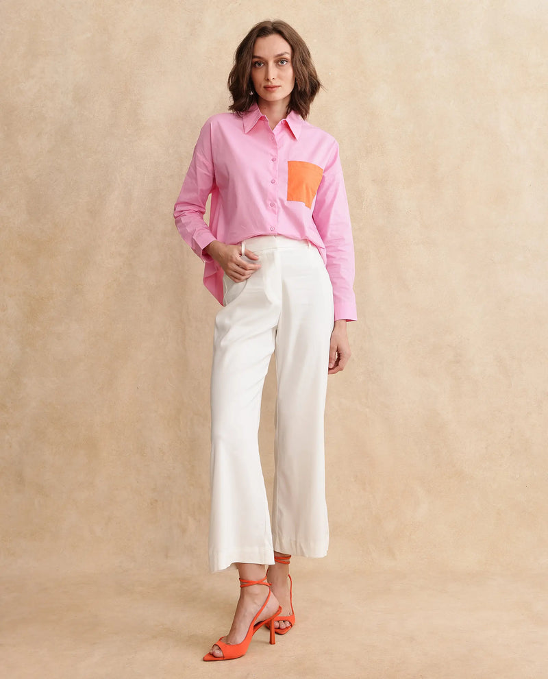 Rareism Women Bereio Pink Poplin Fabric Cuffed Sleeve Collared Neck Button Closure Plain Shirt