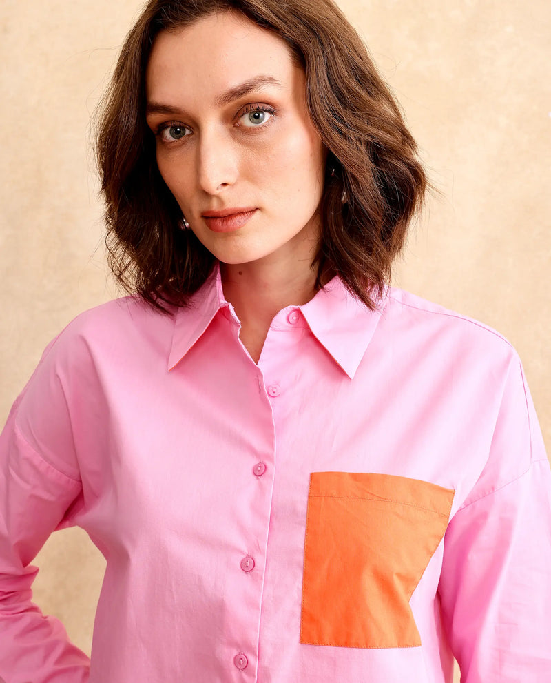 Rareism Women Bereio Pink Poplin Fabric Cuffed Sleeve Collared Neck Button Closure Plain Shirt