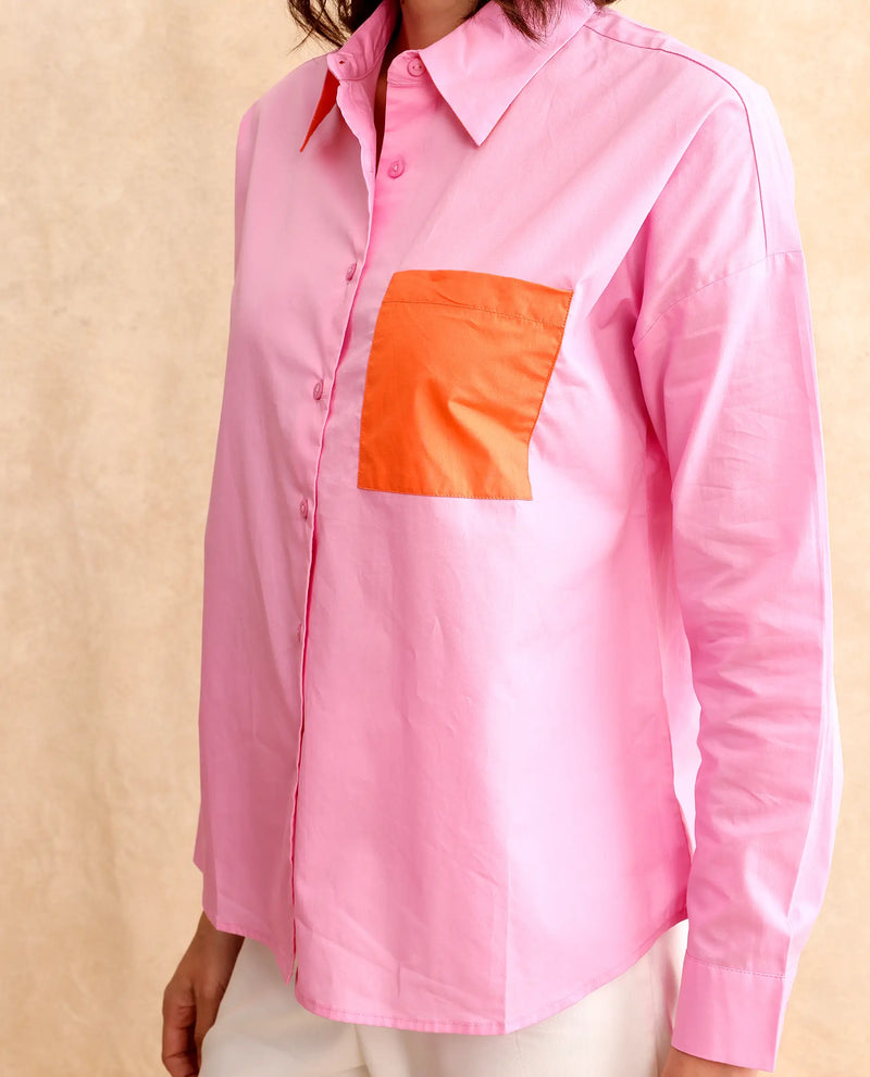 Rareism Women Bereio Pink Poplin Fabric Cuffed Sleeve Collared Neck Button Closure Plain Shirt