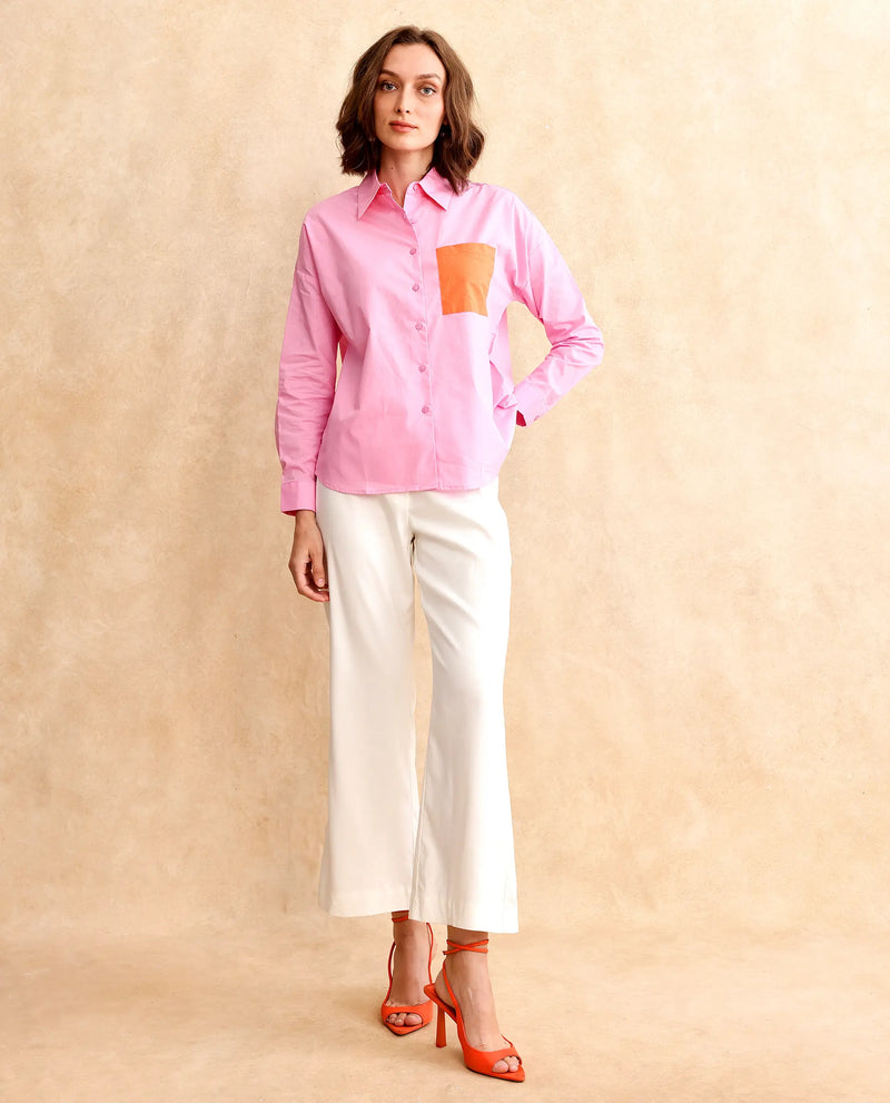 Rareism Women Bereio Pink Poplin Fabric Cuffed Sleeve Collared Neck Button Closure Plain Shirt