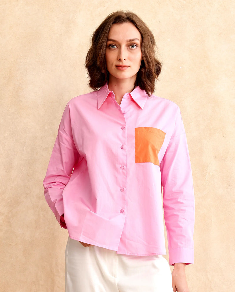 Rareism Women Bereio Pink Poplin Fabric Cuffed Sleeve Collared Neck Button Closure Plain Shirt