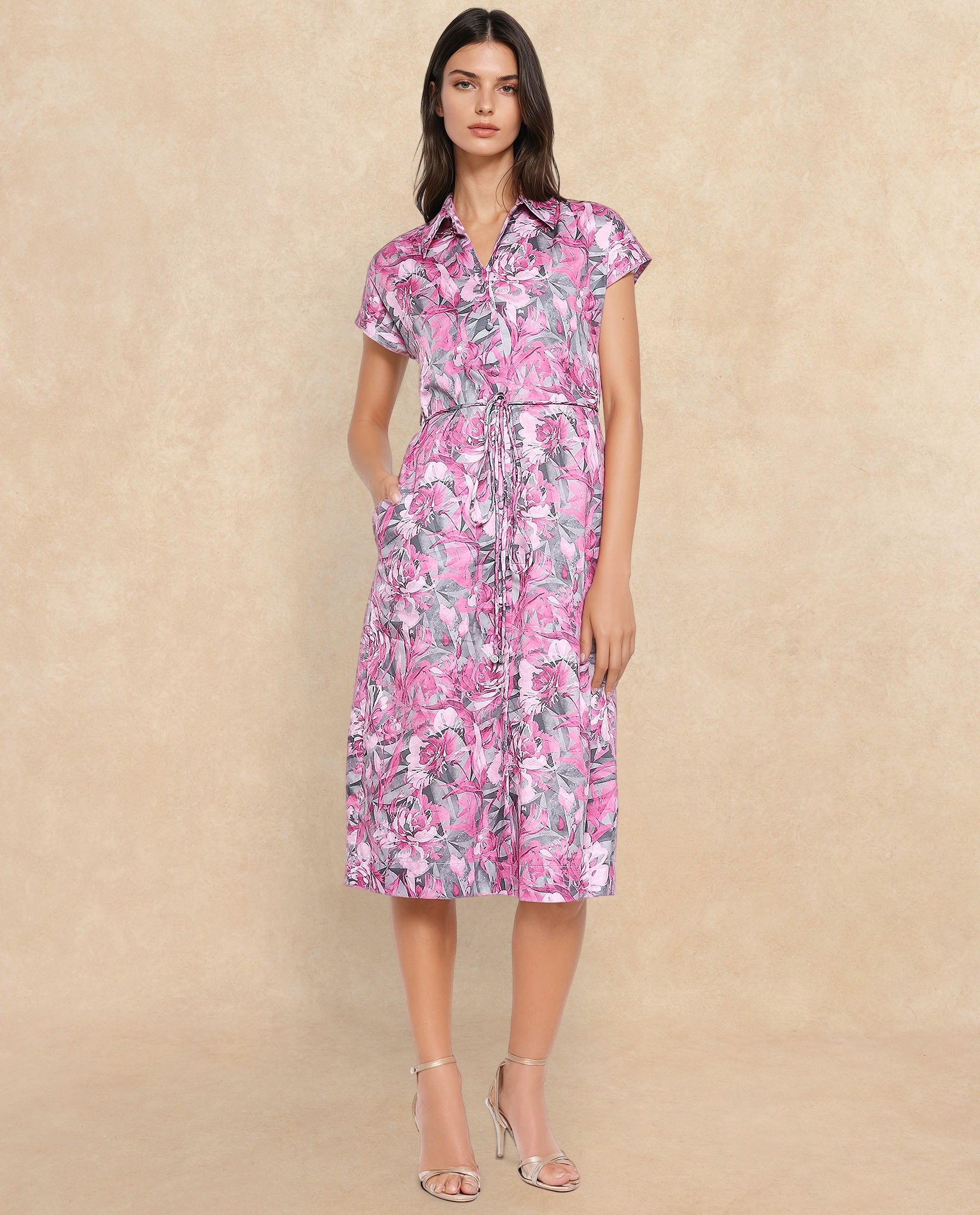 Rareism Women's Berlong Multi Cotton Blend Drop Collar Floral Print Midi A-Line Dress