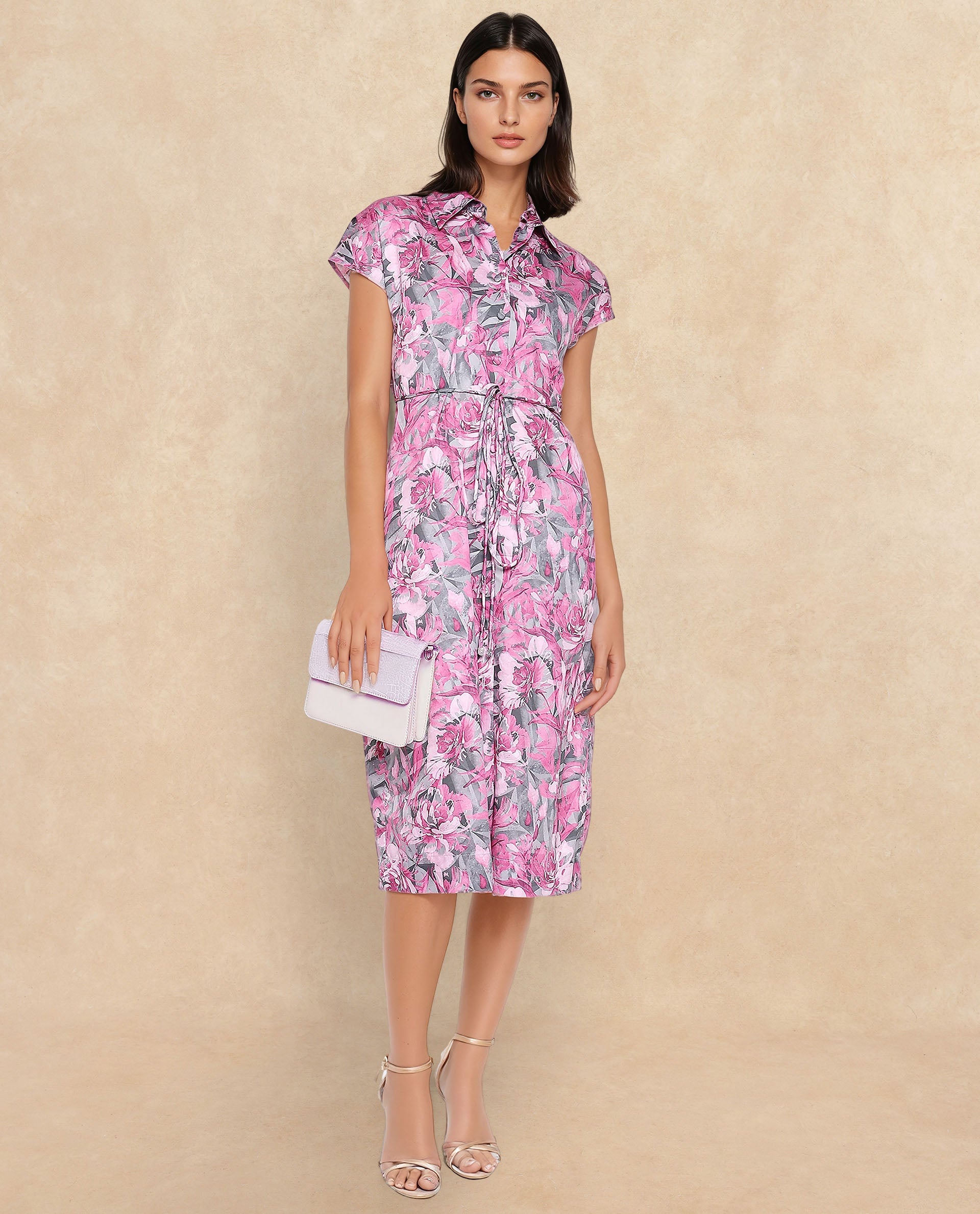 Rareism Women's Berlong Multi Cotton Blend Drop Collar Floral Print Midi A-Line Dress