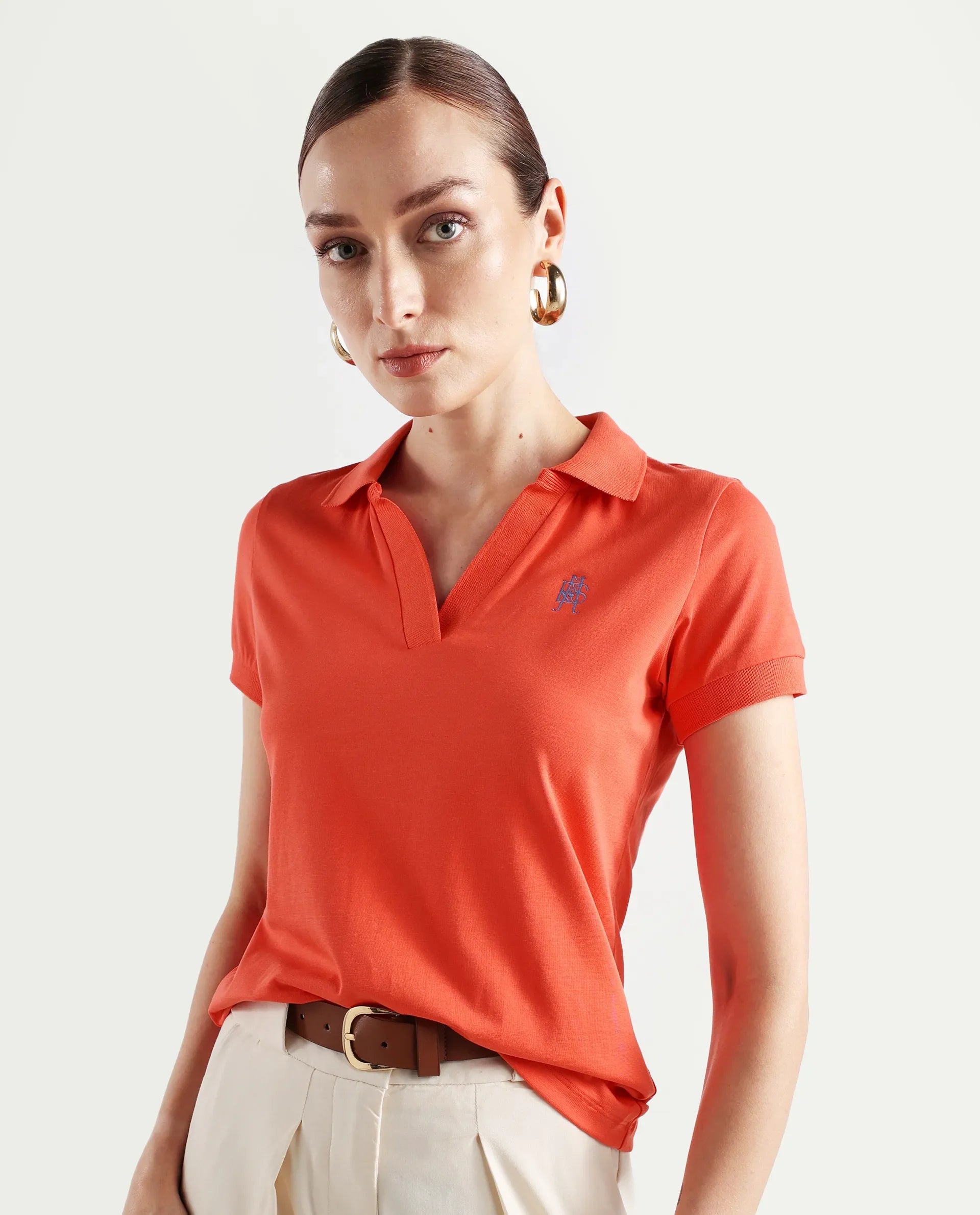 Rareism Women's Bern Orange Cotton Blend Polo Neck Plain Regular Fit Polo