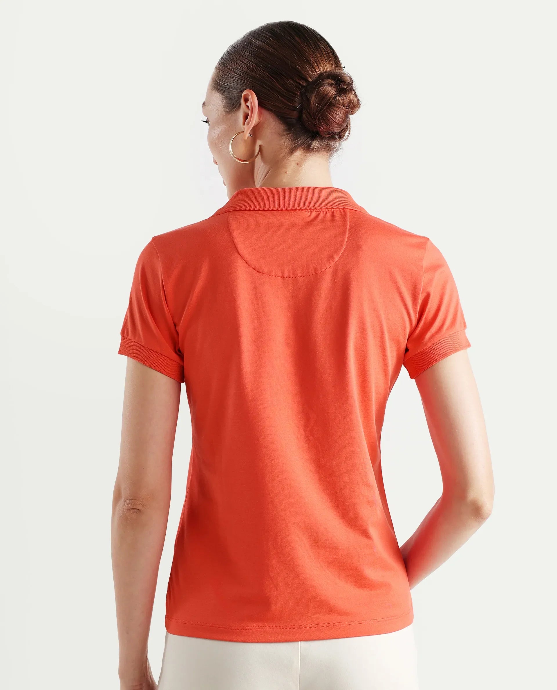 Rareism Women's Bern Orange Cotton Blend Polo Neck Plain Regular Fit Polo
