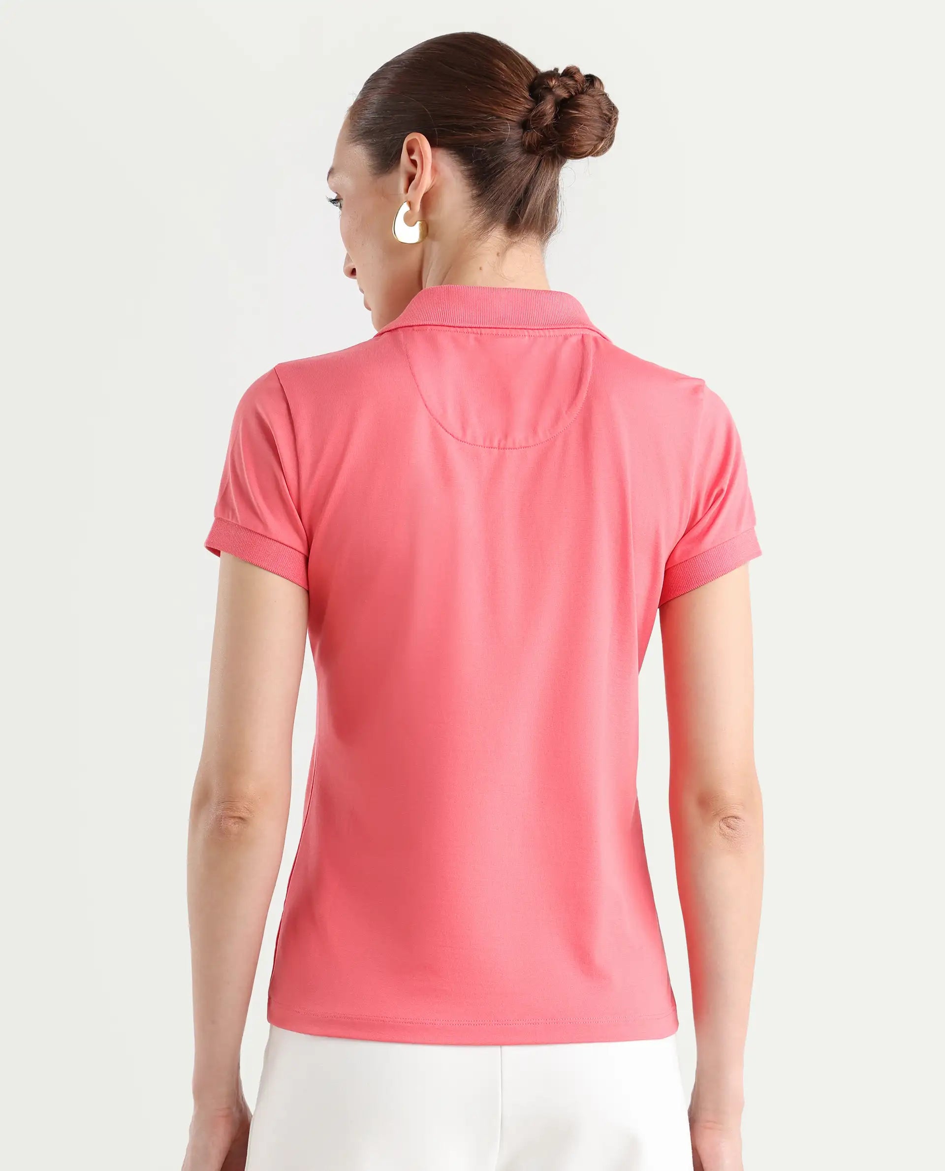 Rareism Women's Bern Pastel Orange Cotton Blend Polo Neck Plain Regular Fit Polo