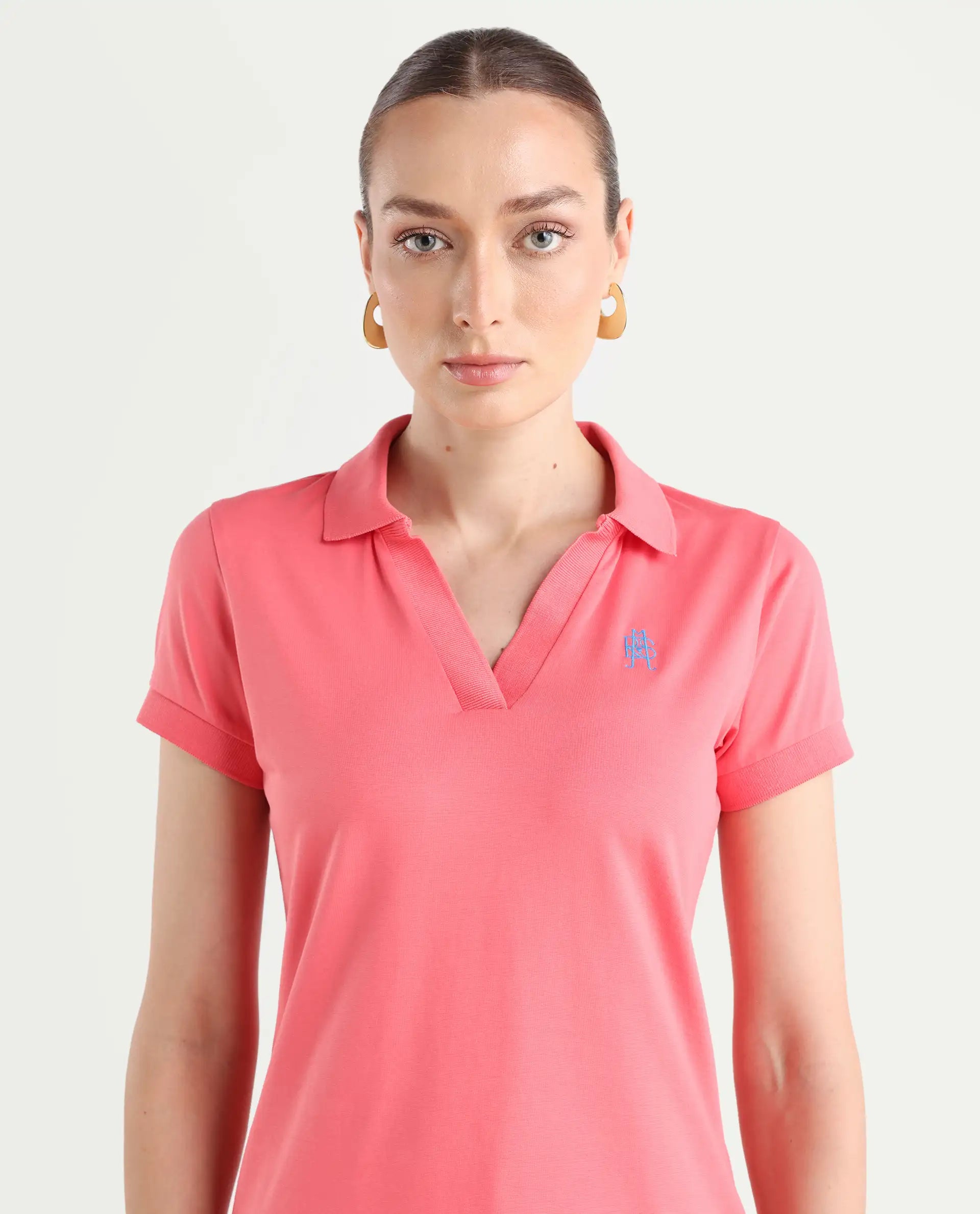 Rareism Women's Bern Pastel Orange Cotton Blend Polo Neck Plain Regular Fit Polo