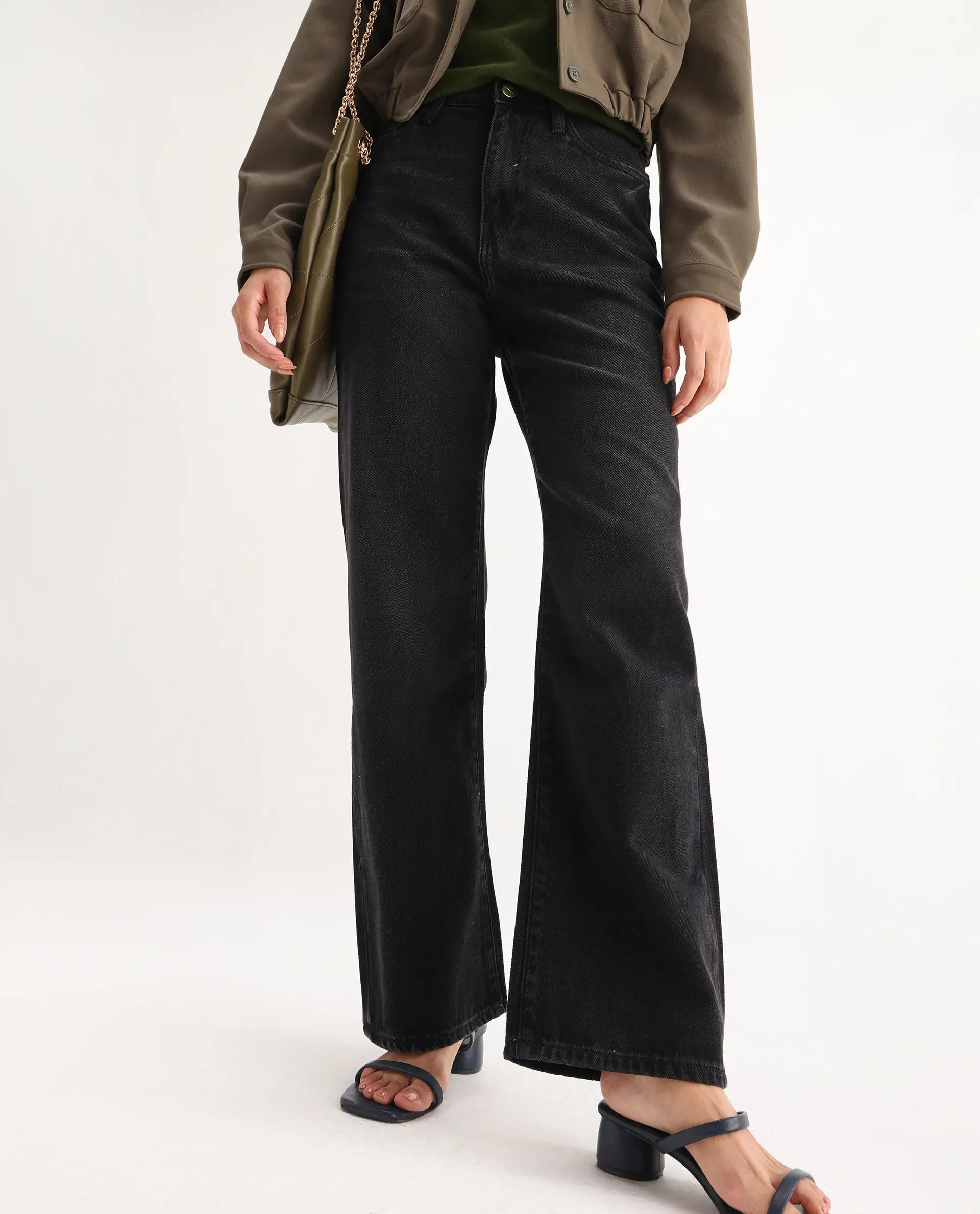 Rareism Women's Beuro Black Cotton Blend Plain Ankle Length Straight Fit Jeans