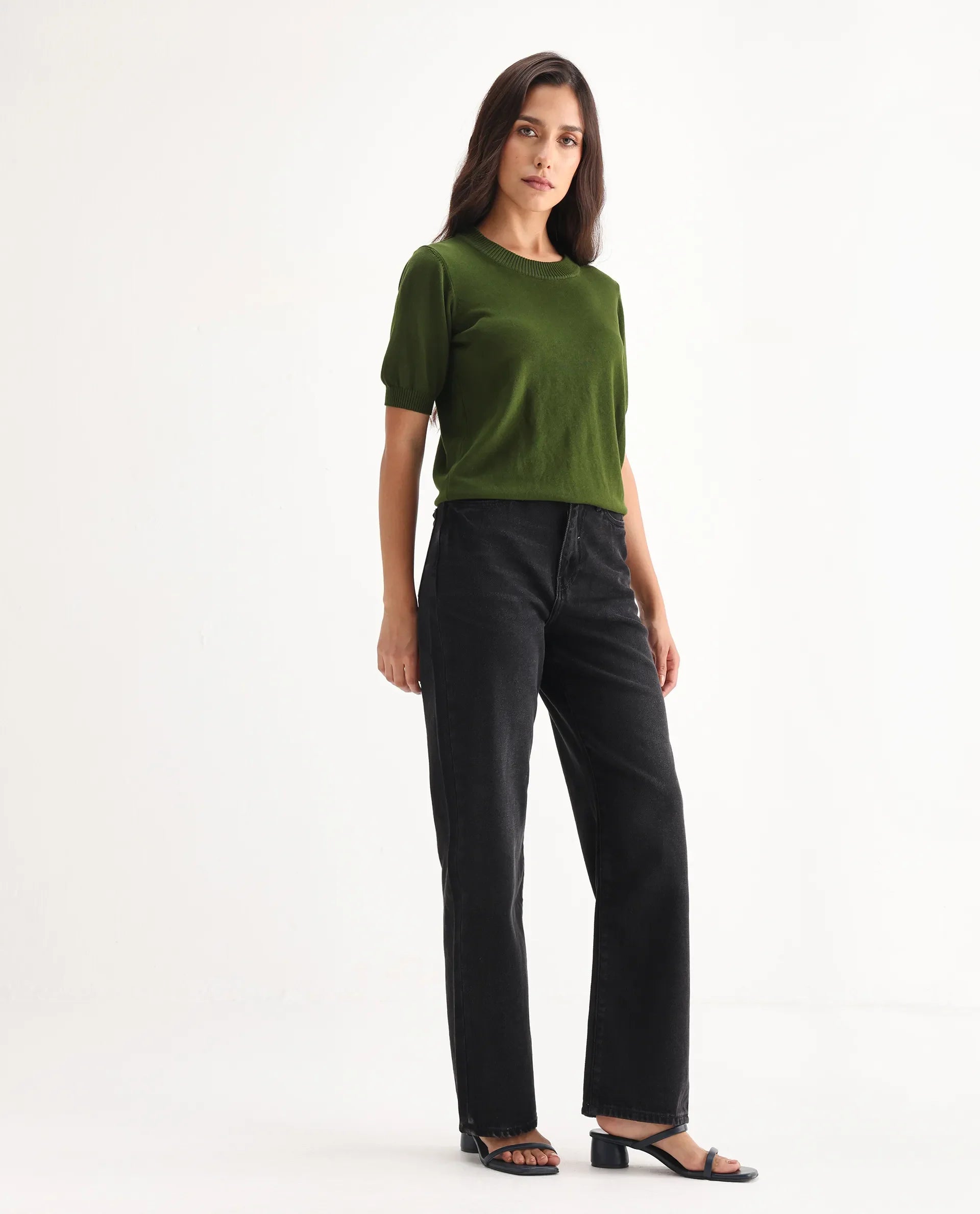 Rareism Women's Beuro Black Cotton Blend Plain Ankle Length Straight Fit Jeans