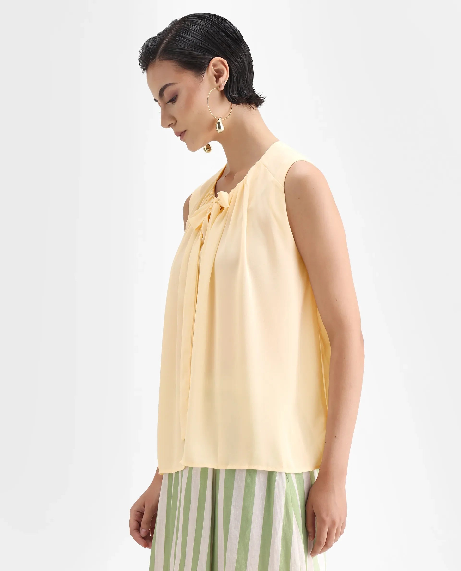 Rareism Women's Beverly Beige Polyester Tie-Up Neck Plain Sleeveless Relaxed Fit Top