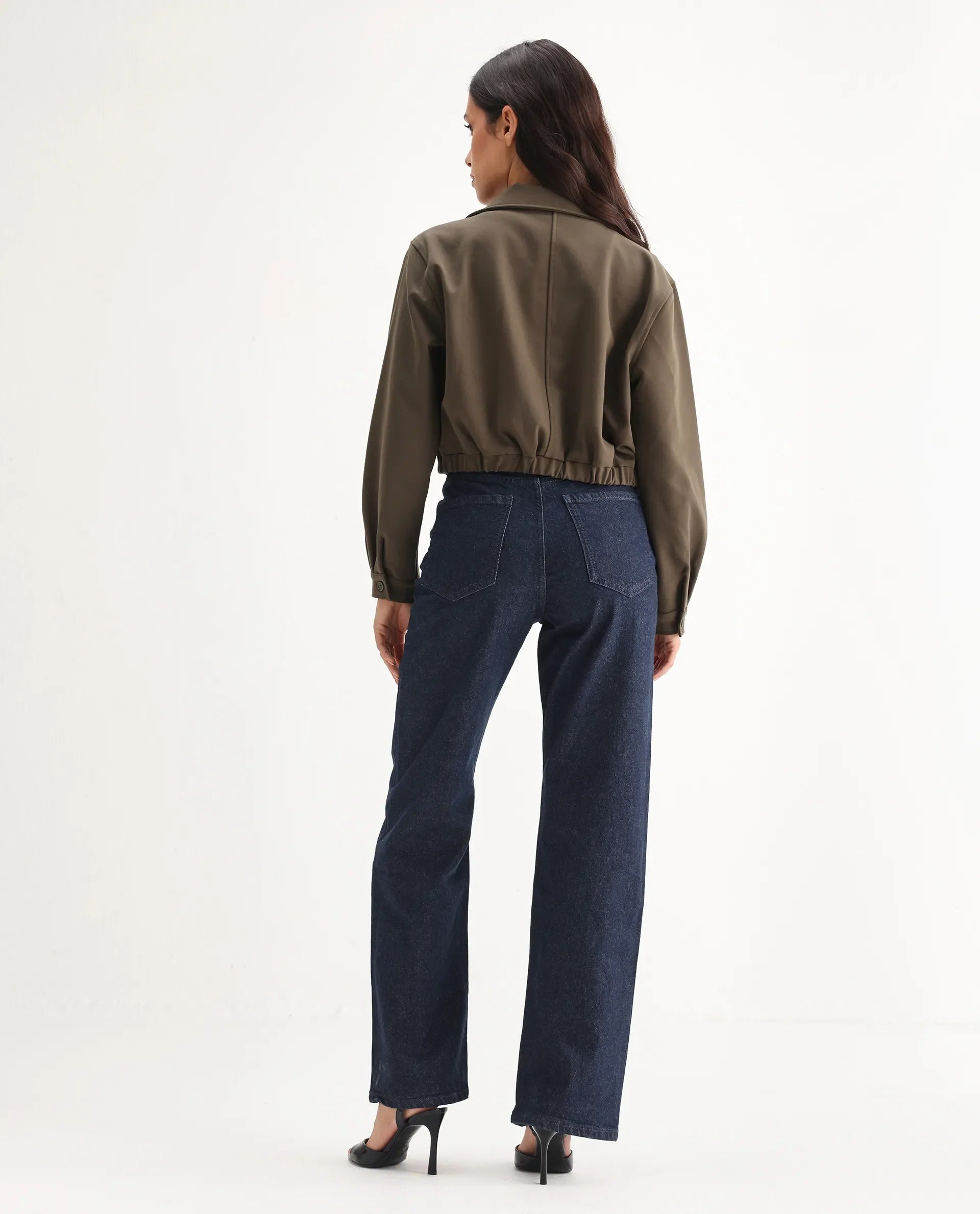 Rareism Women's Bewak Dark Blue Cotton Blend Plain Ankle Length Smart Straight Fit Jeans