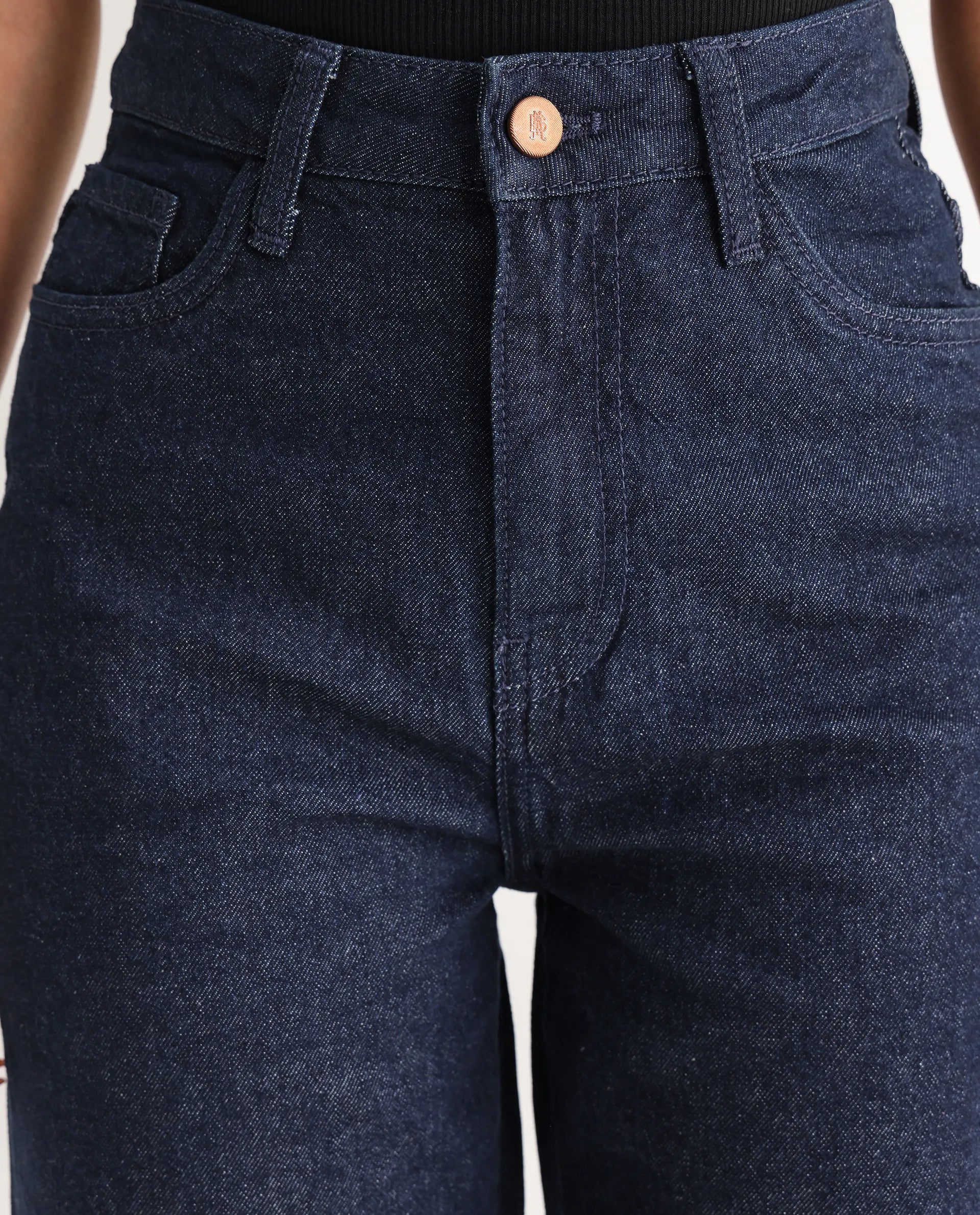 Rareism Women's Bewak Dark Blue Cotton Blend Plain Ankle Length Smart Straight Fit Jeans