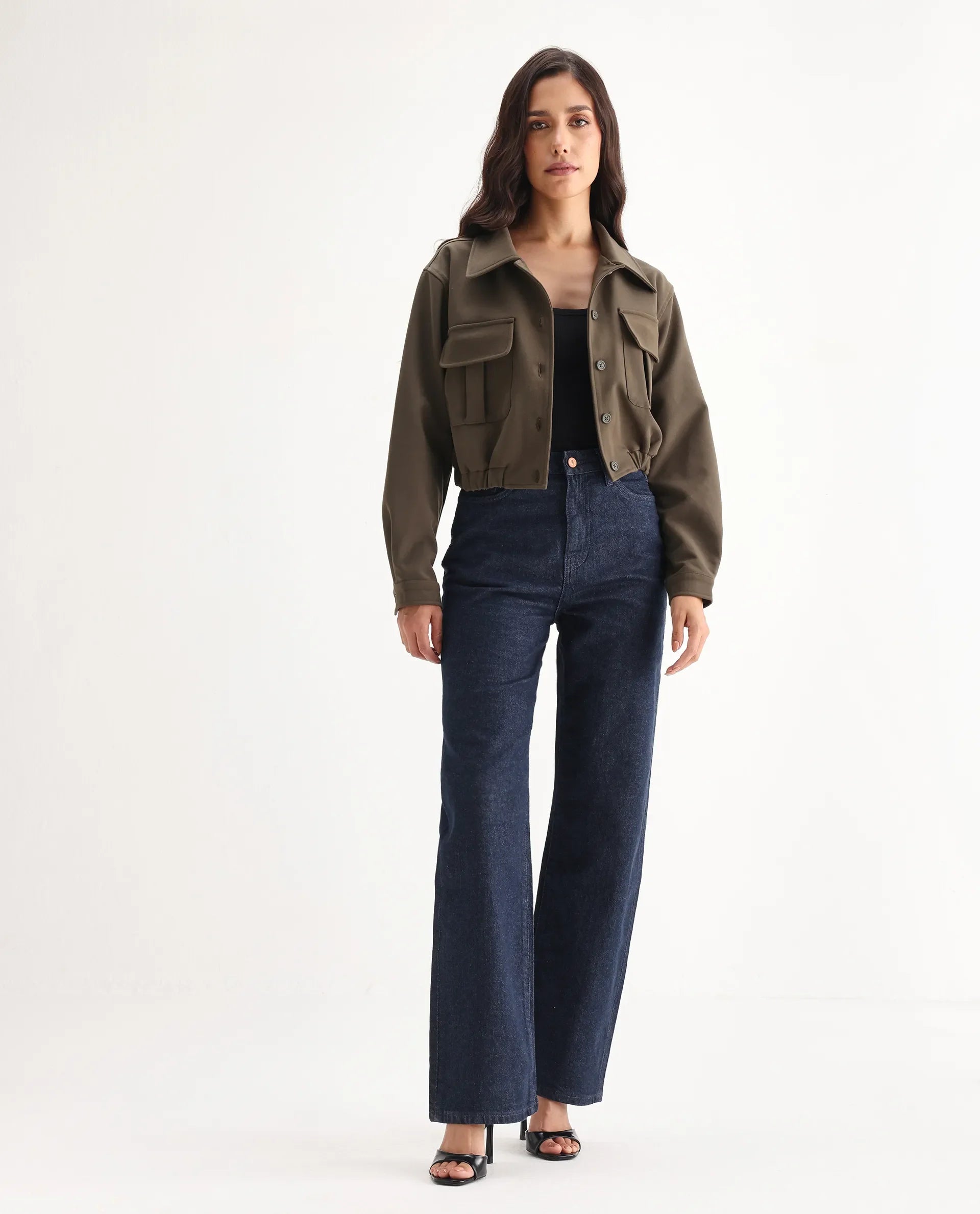 Rareism Women's Bewak Dark Blue Cotton Blend Plain Ankle Length Smart Straight Fit Jeans