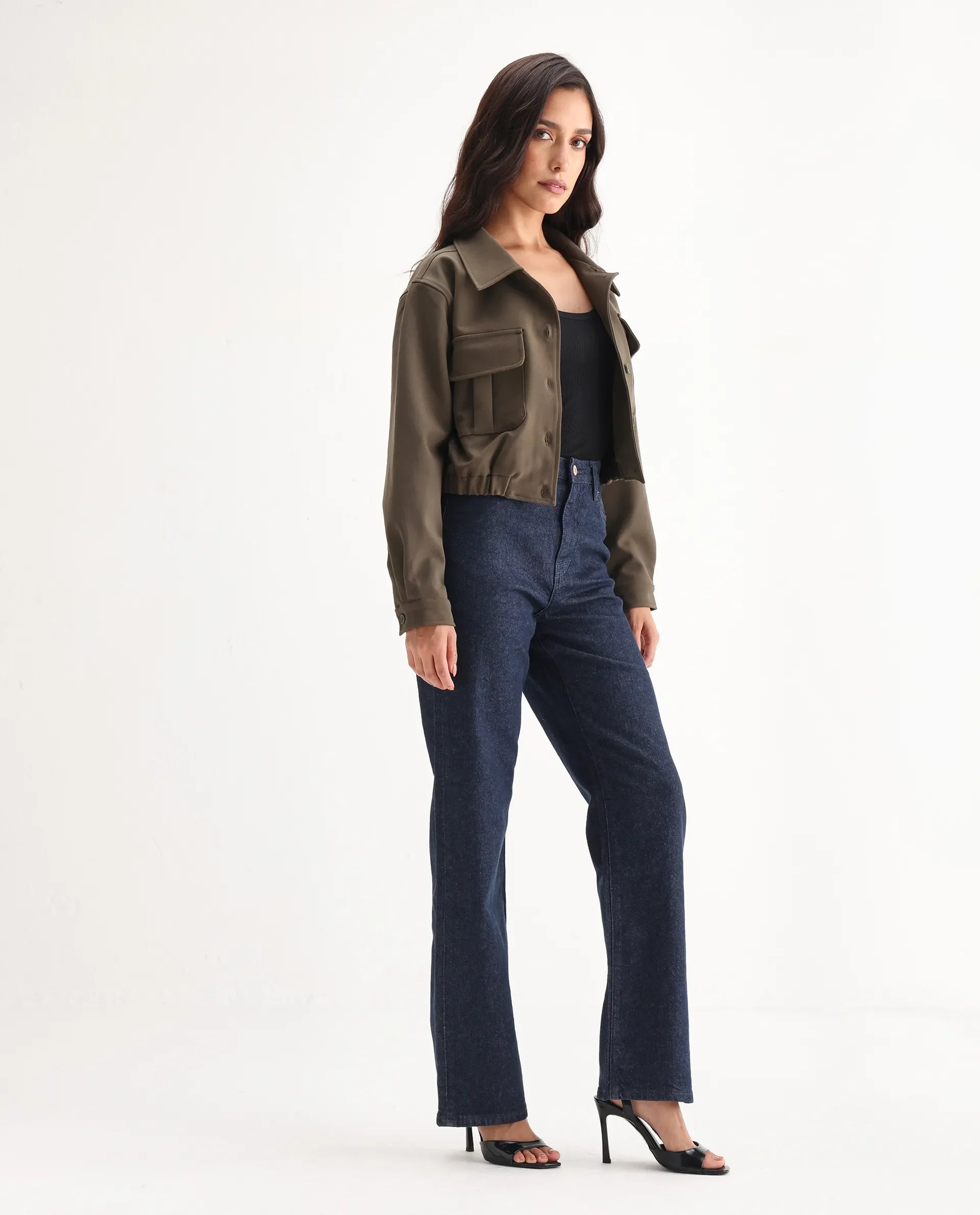 Rareism Women's Bewak Dark Blue Cotton Blend Plain Ankle Length Smart Straight Fit Jeans