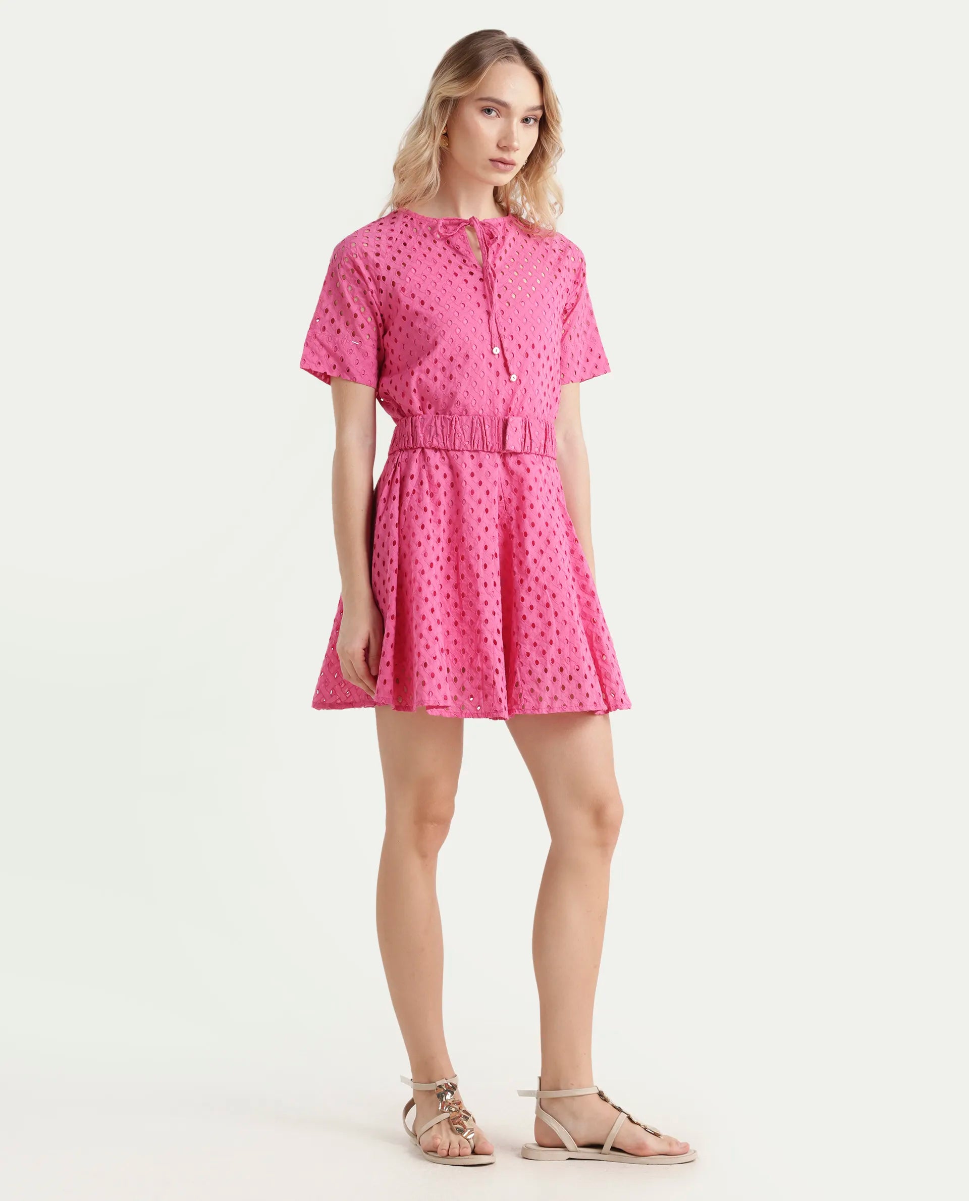 Rareism Women's Bex Pink Cotton Tie-Up Neck Schiffli Knee Length Regular Fit Dress