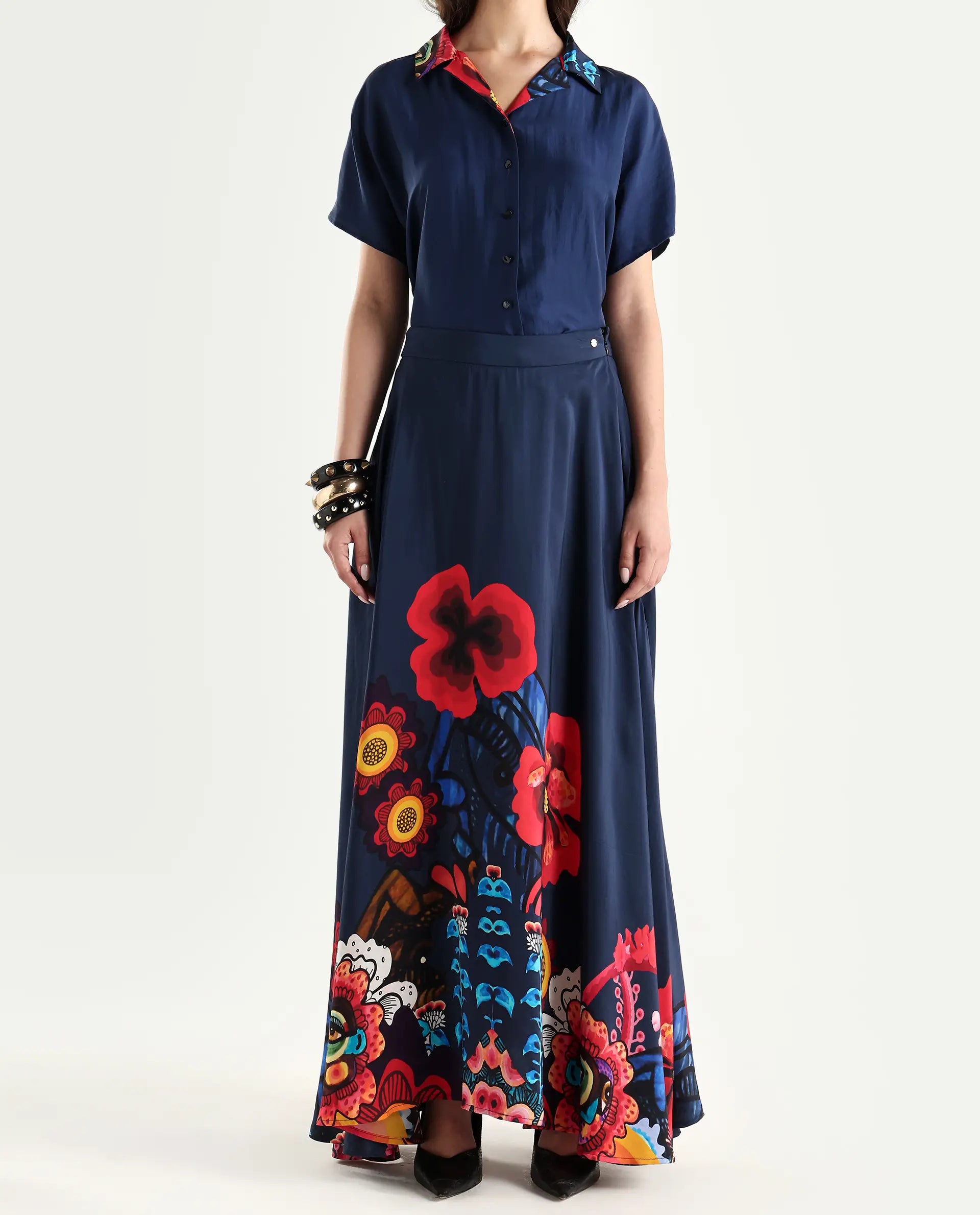 Rareism Women's Bezfa-B Navy Silk Flared Abstract Print Skirt