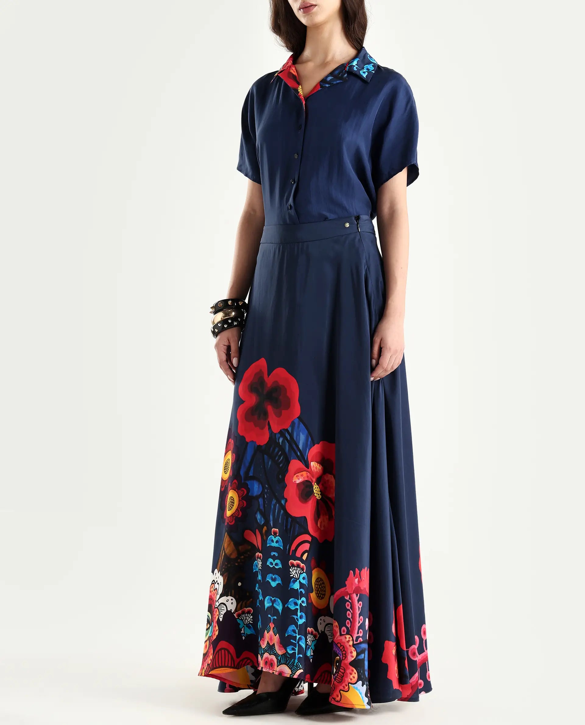 Rareism Women's Bezfa-B Navy Silk Flared Abstract Print Skirt