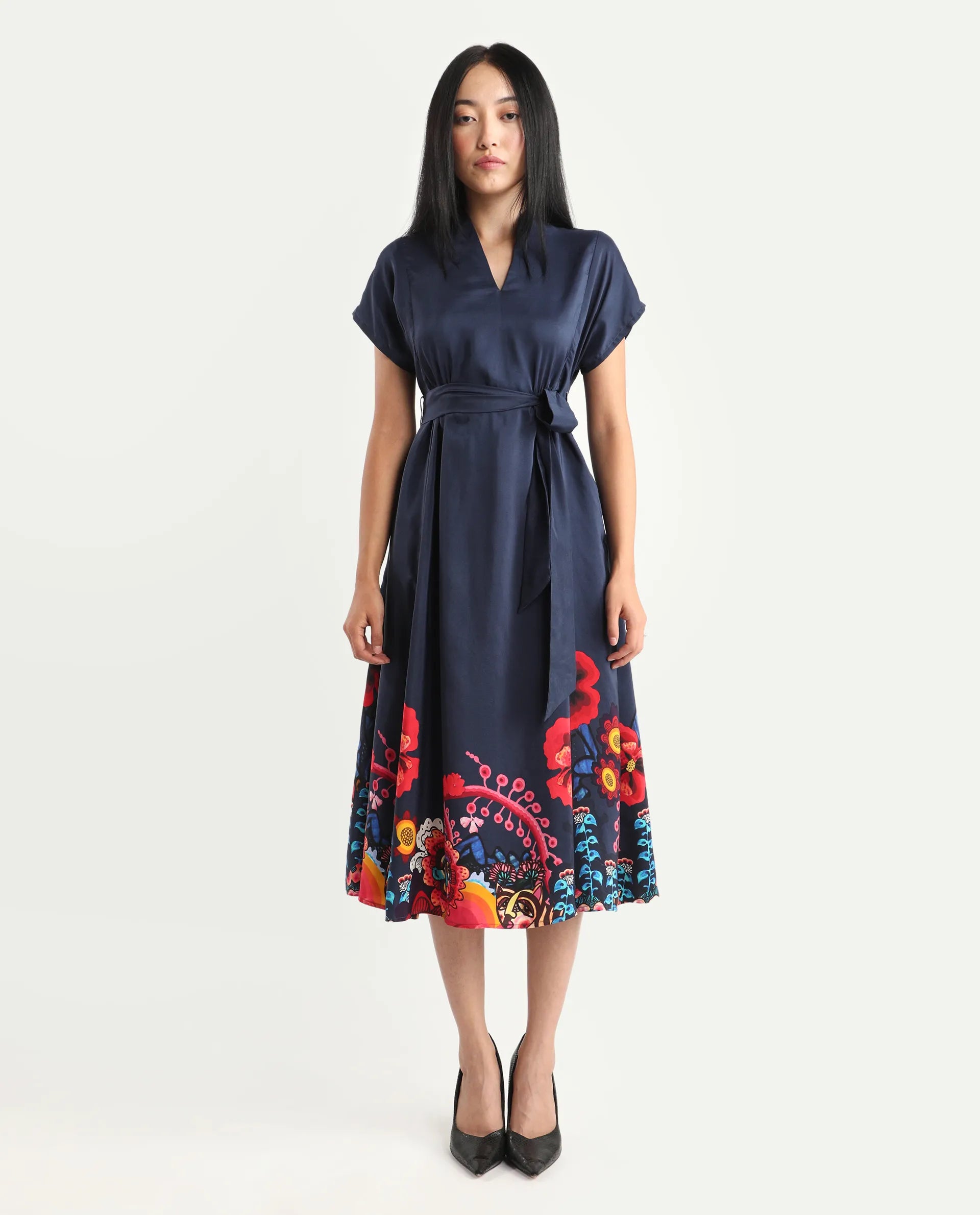 Rareism Women's Beziha Navy Silk Half Sleeve Flared Abstract Print Dress