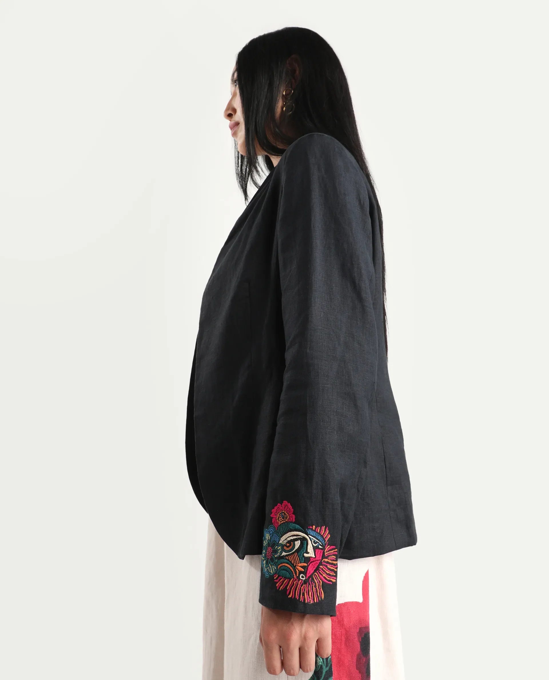 Rareism Women's Bezko Black 100% Linen Full Sleeve Regular Fit Embroidered Shrug