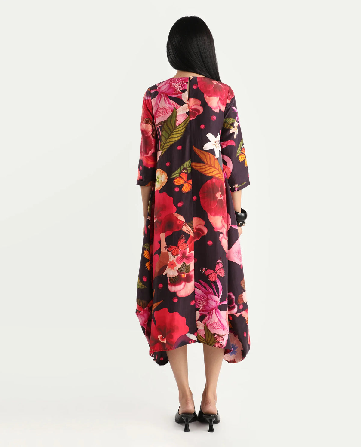 Rareism Women's Bezlin Dark Purple Silk Half Sleeve Relaxed Fit Abstract Print Dress