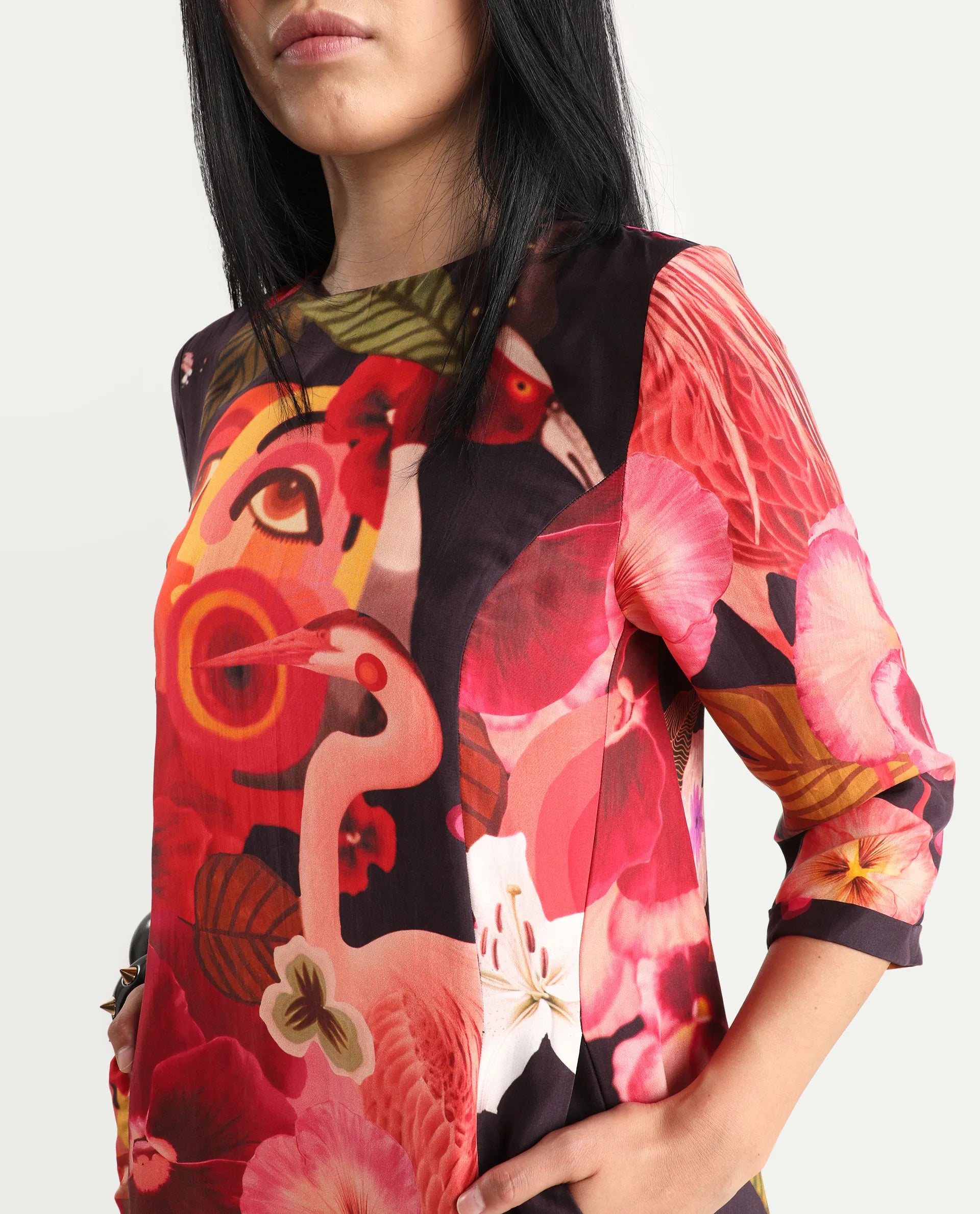 Rareism Women's Bezlin Dark Purple Silk Half Sleeve Relaxed Fit Abstract Print Dress