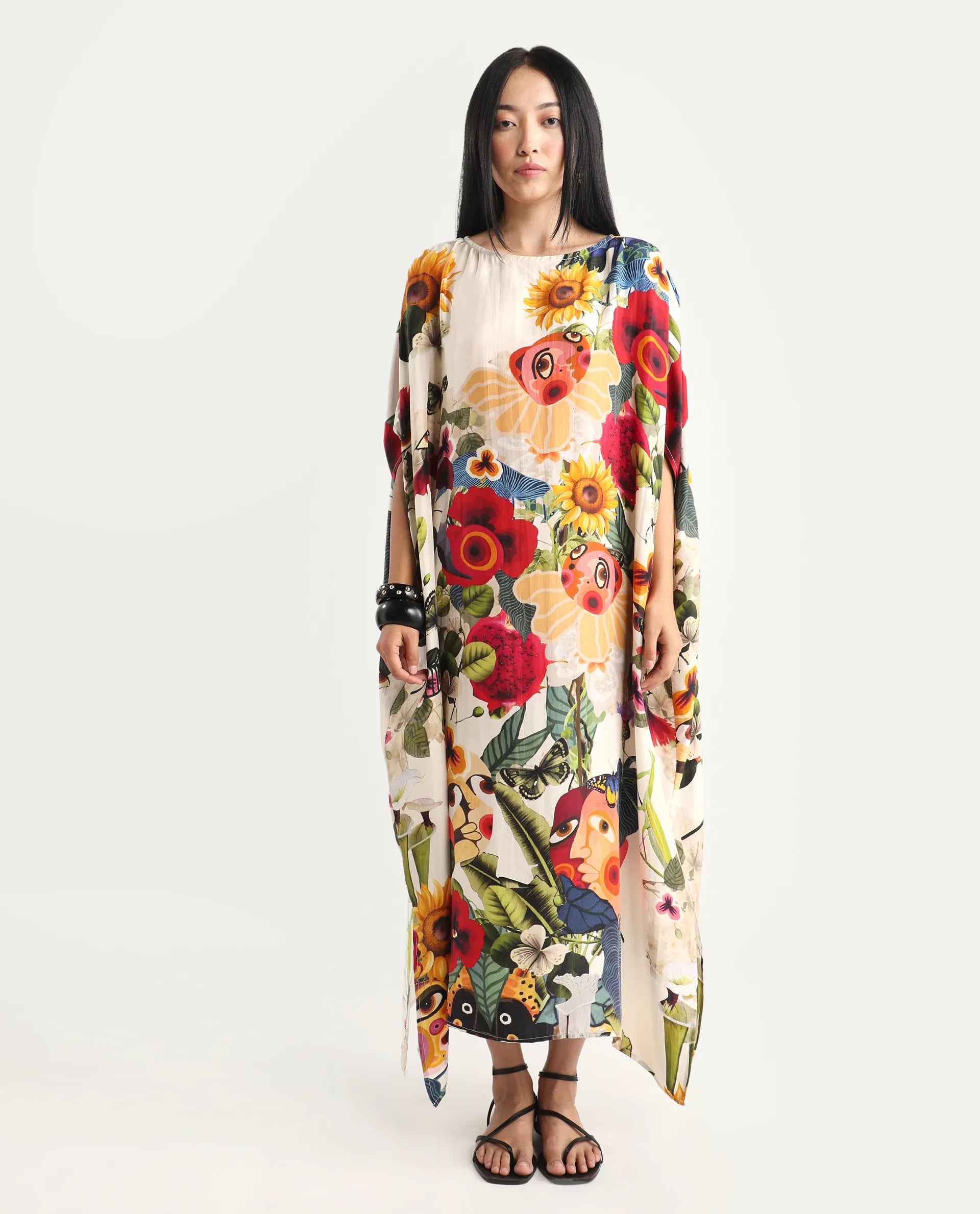 Rareism Women's Bezrea Off White Silk 3/4Th Sleeve Kaftan Abstract Print Dress