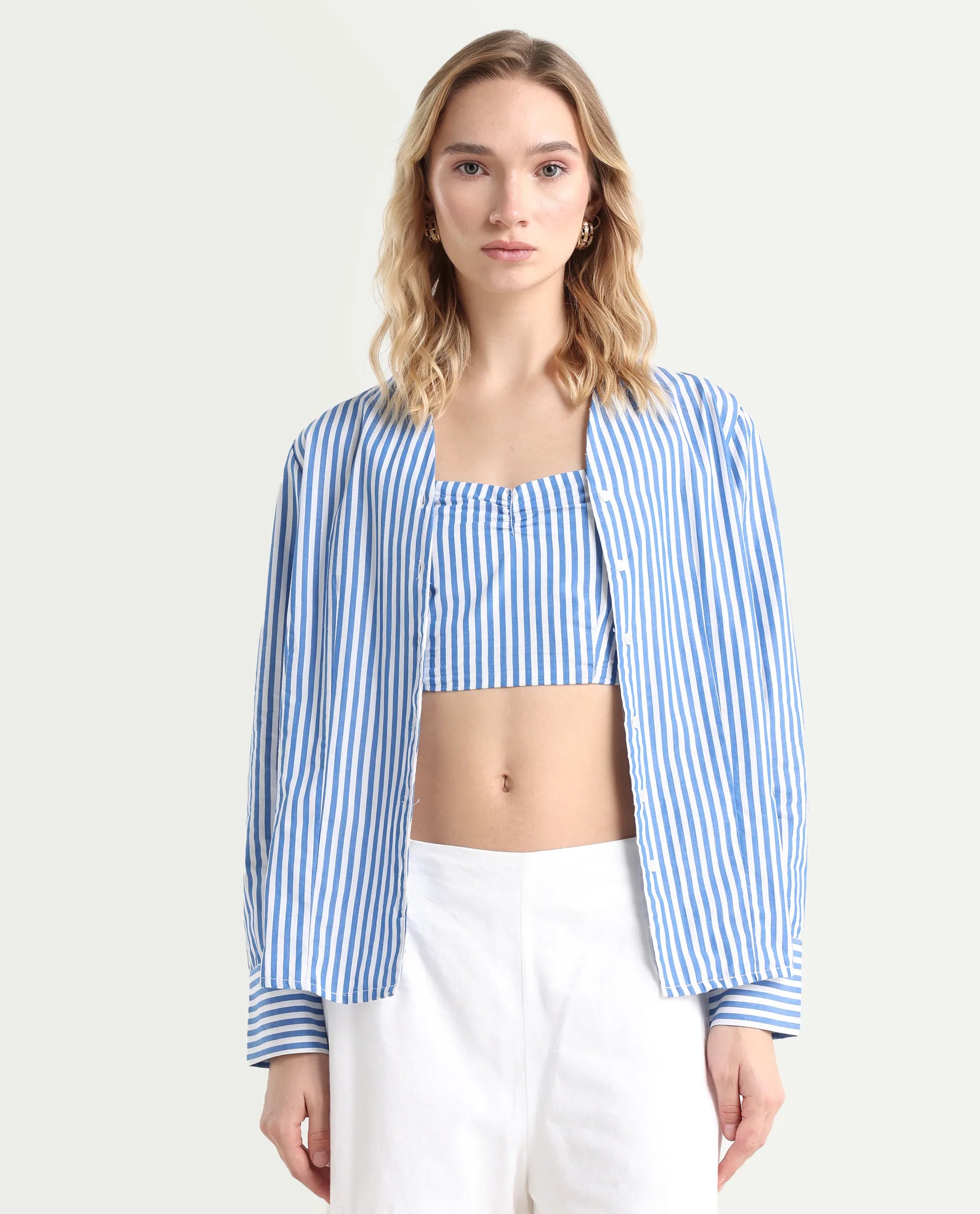 Rareism Women's Bhacan Blue Cotton V-Neck Striped Cuffed Sleeve Relaxed Fit Shirt