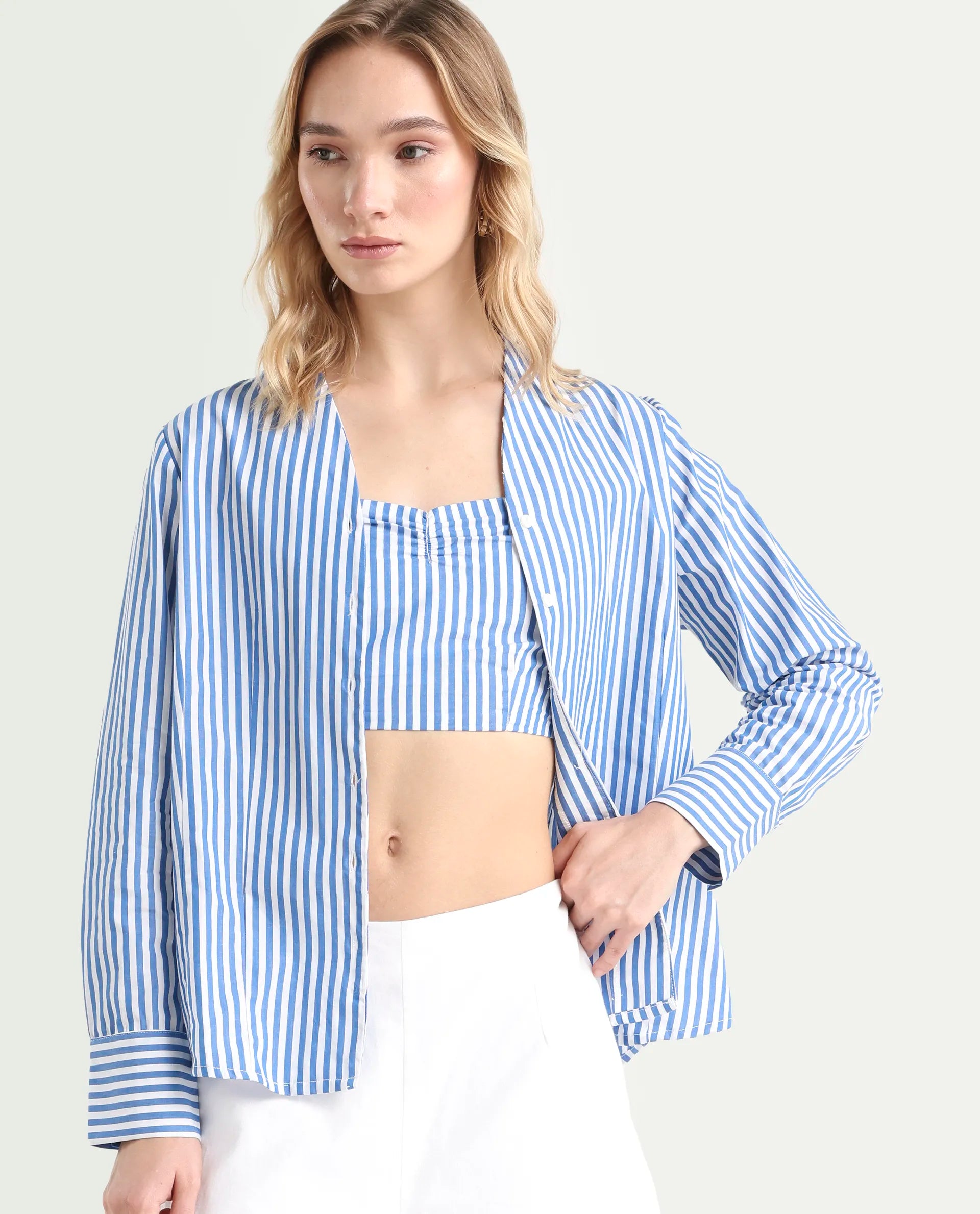 Rareism Women's Bhacan Blue Cotton V-Neck Striped Cuffed Sleeve Relaxed Fit Shirt