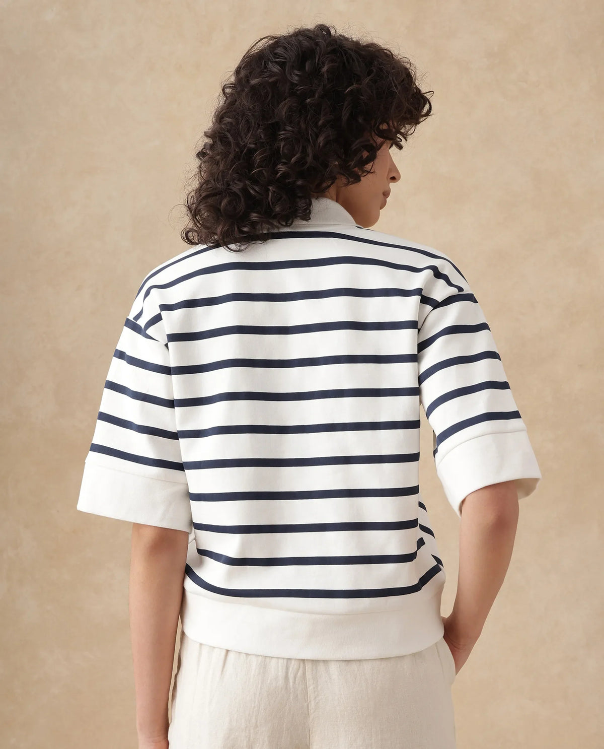 Rareism Women's Bhacor Off White Cotton Blend Johnny Collar Striped Regular Fit Top