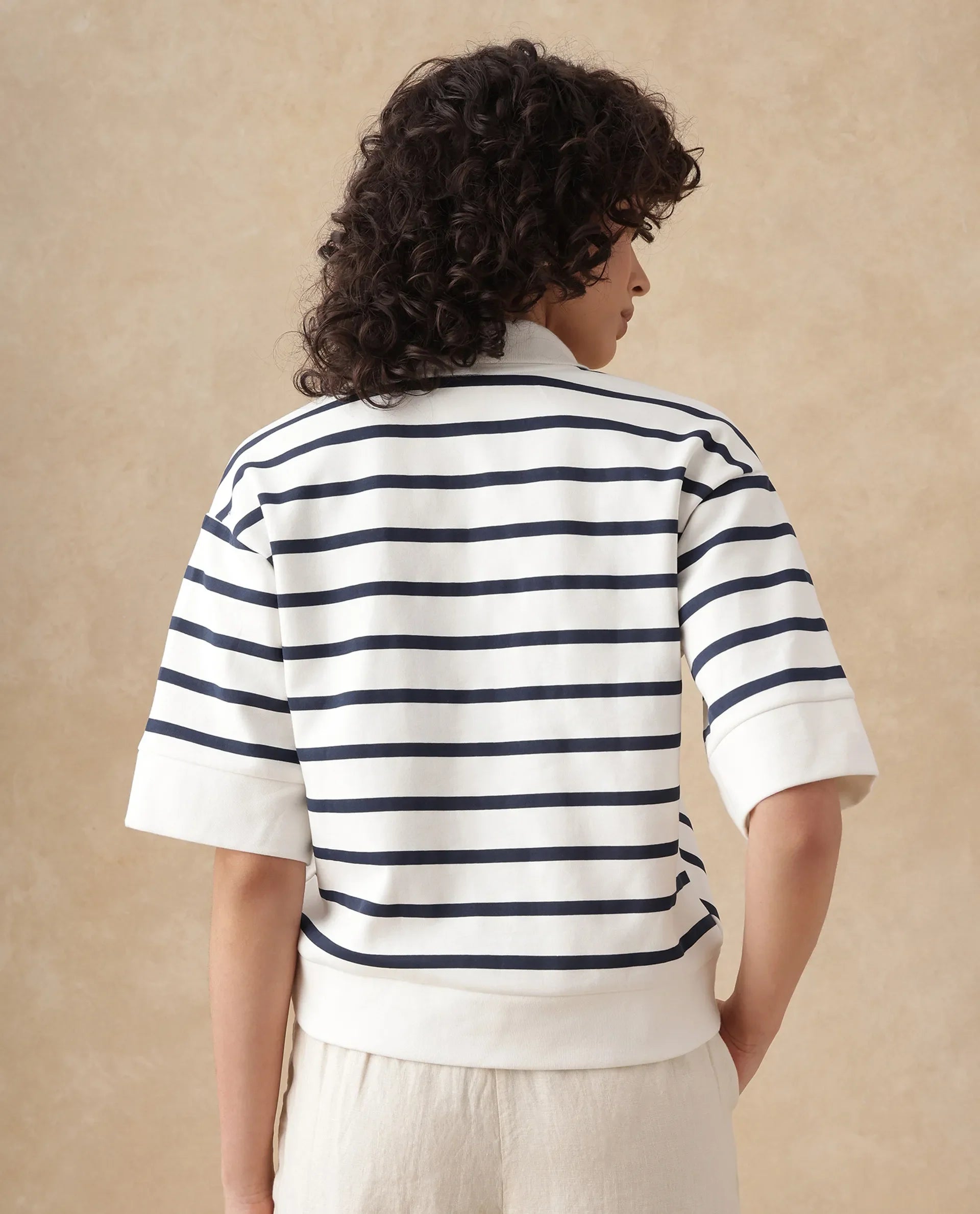 Rareism Women's Bhacor Off White Cotton Blend Johnny Collar Striped Regular Fit Top