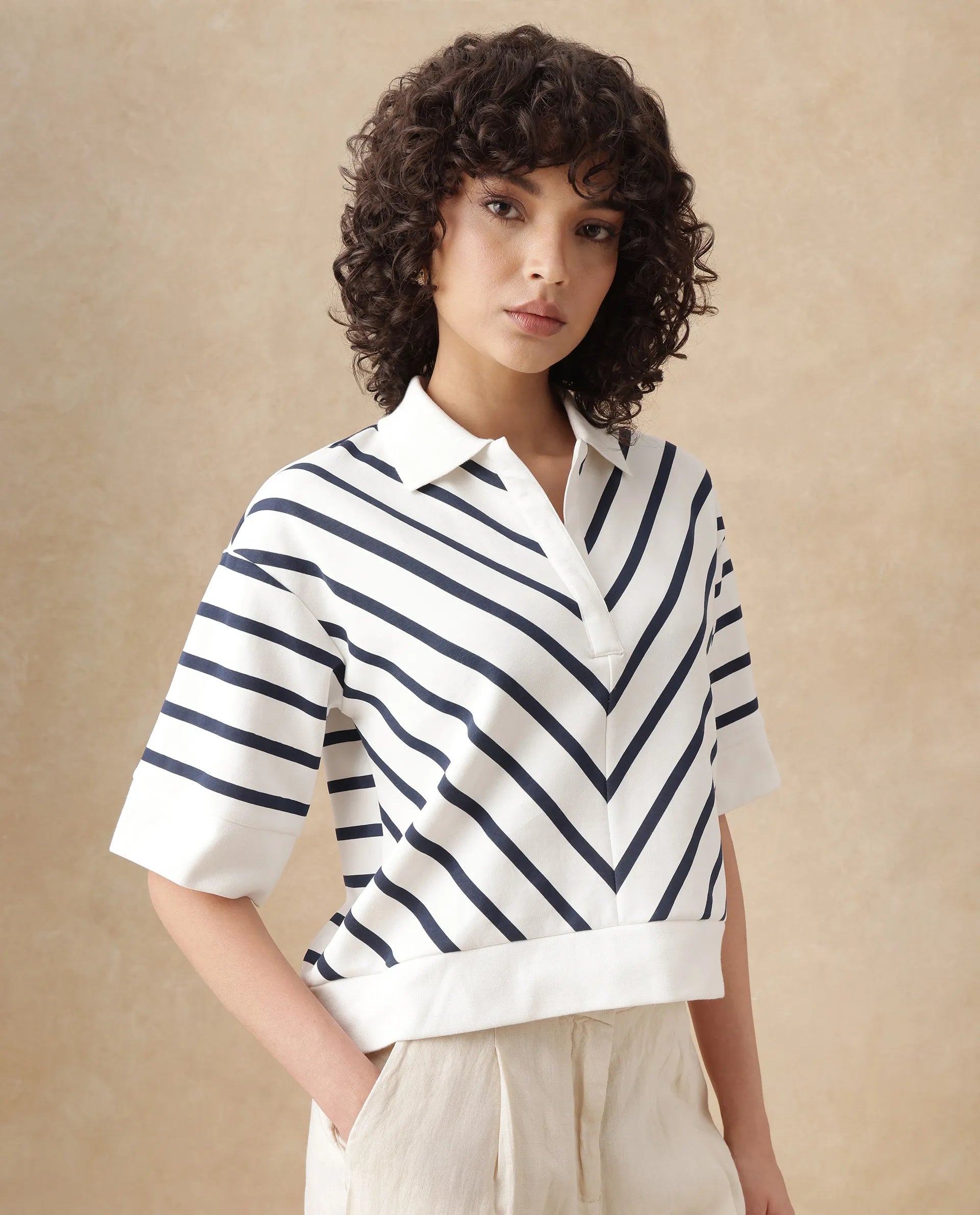 Rareism Women's Bhacor Off White Cotton Blend Johnny Collar Striped Regular Fit Top