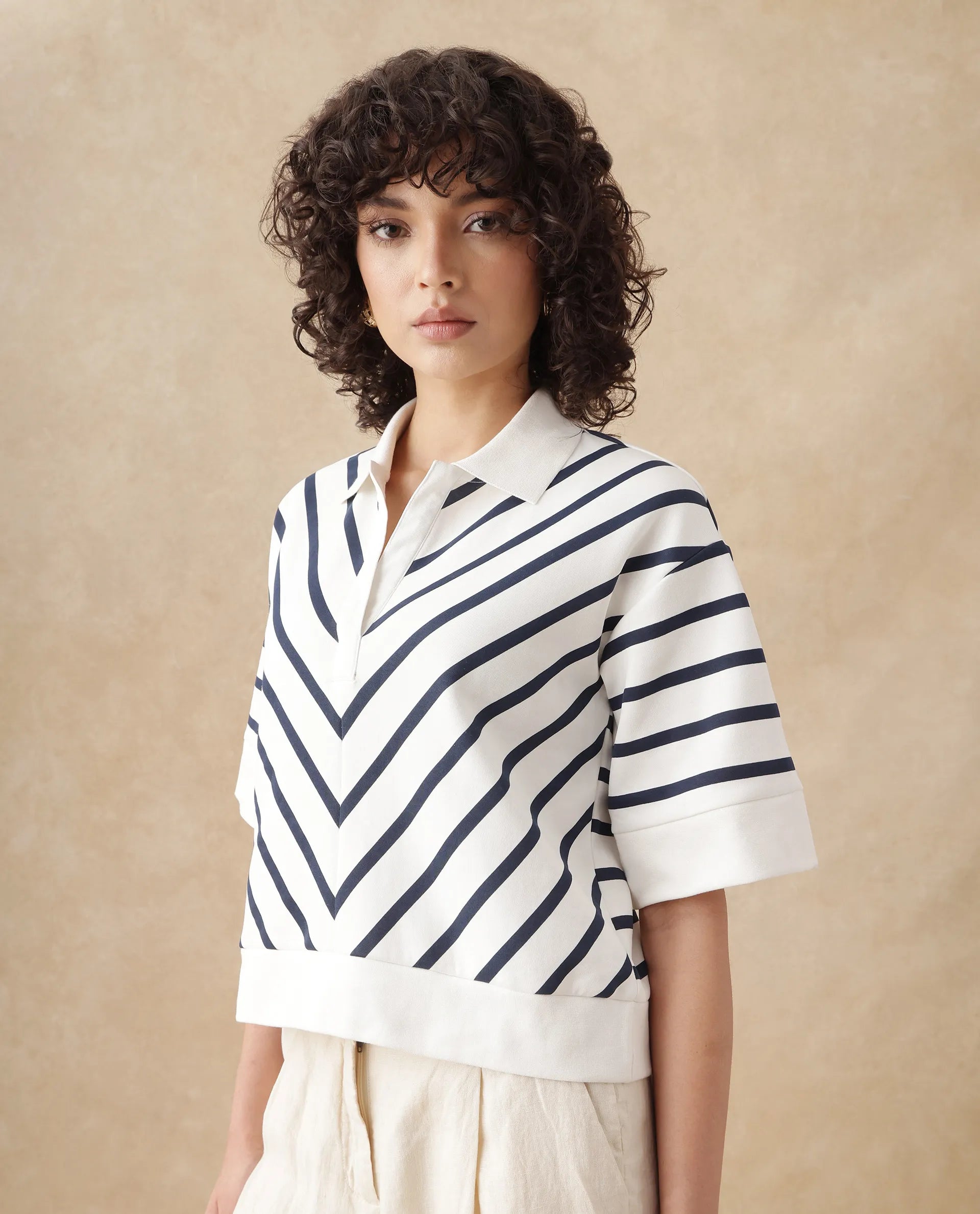 Rareism Women's Bhacor Off White Cotton Blend Johnny Collar Striped Regular Fit Top