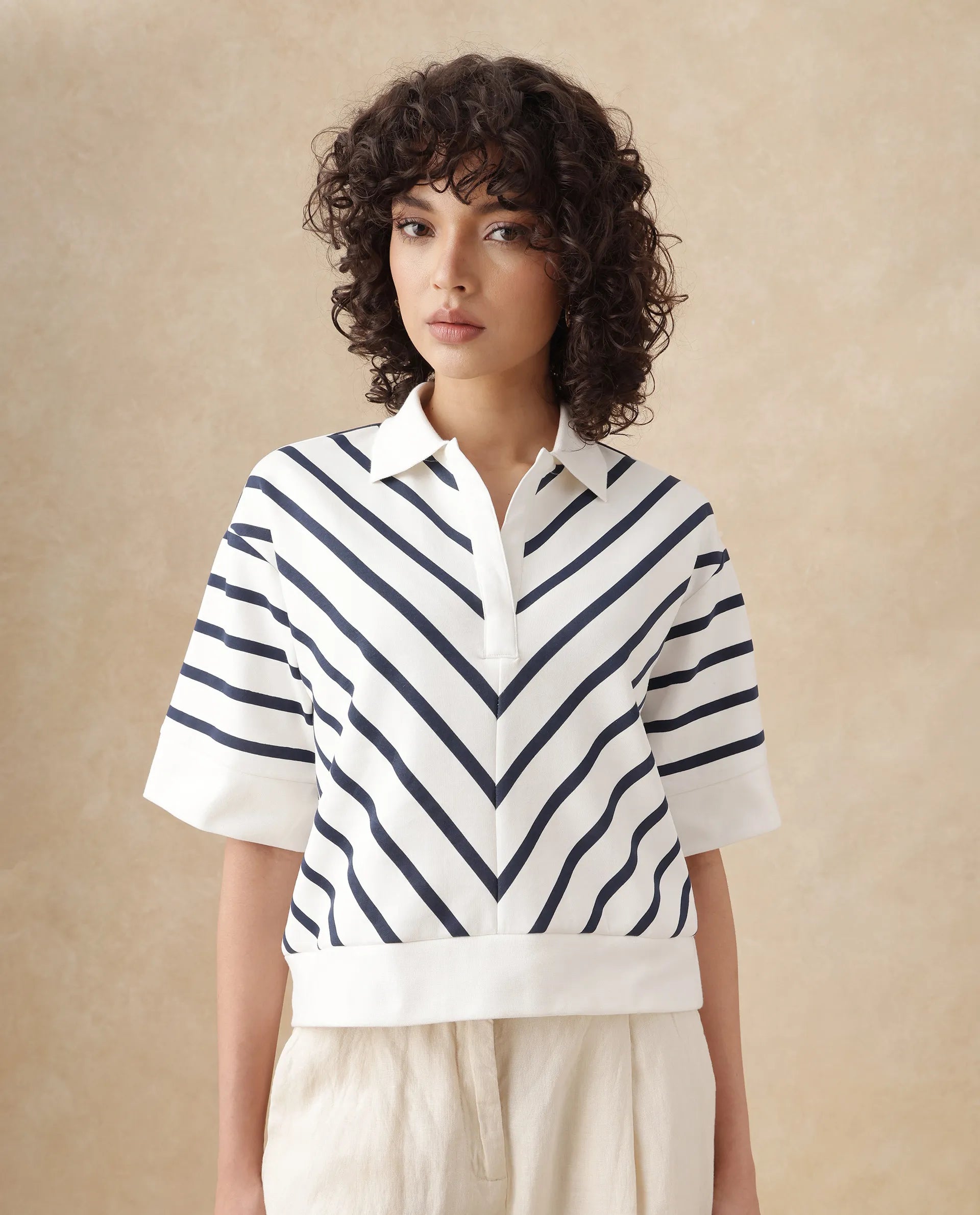 Rareism Women's Bhacor Off White Cotton Blend Johnny Collar Striped Regular Fit Top