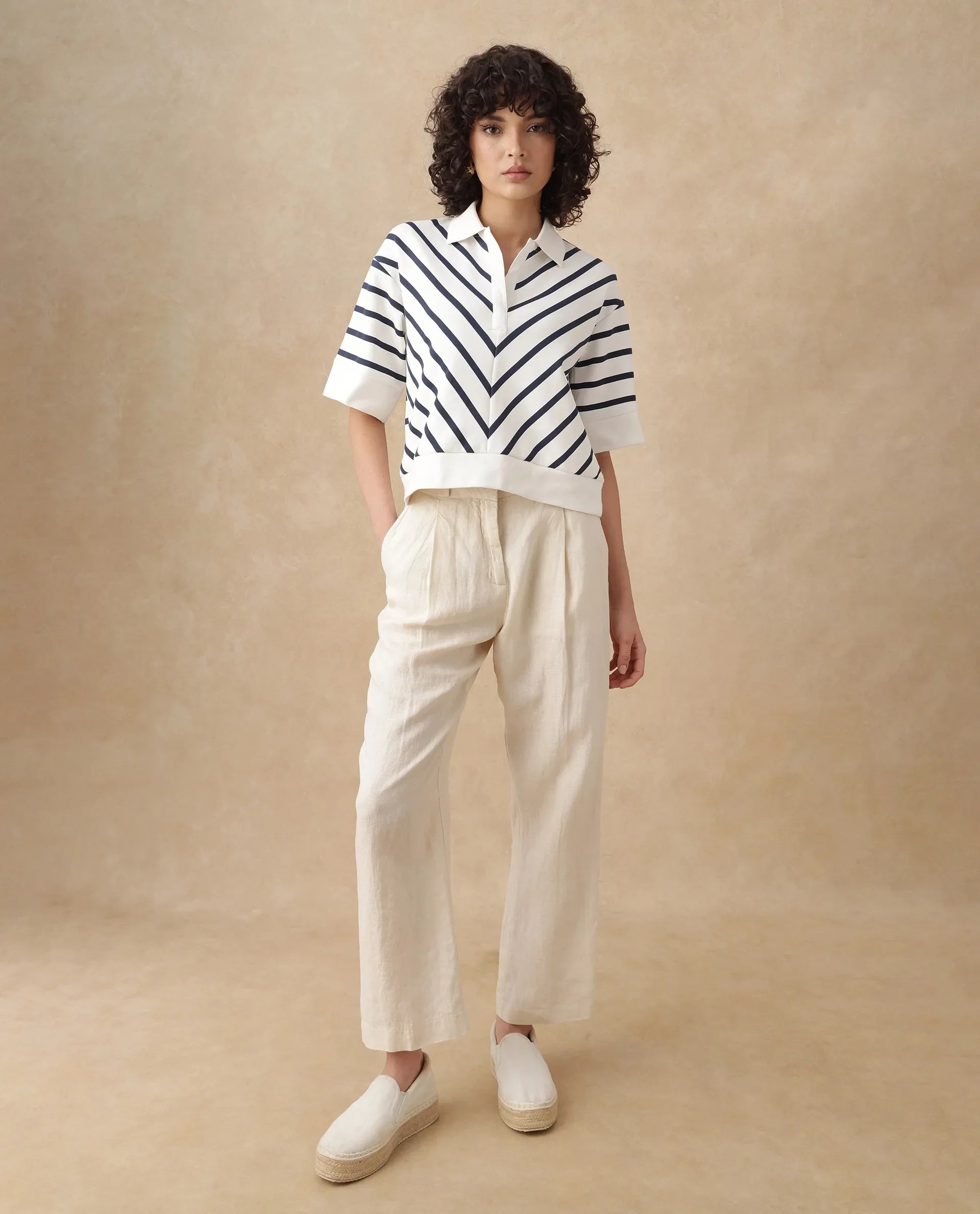 Rareism Women's Bhacor Off White Cotton Blend Johnny Collar Striped Regular Fit Top