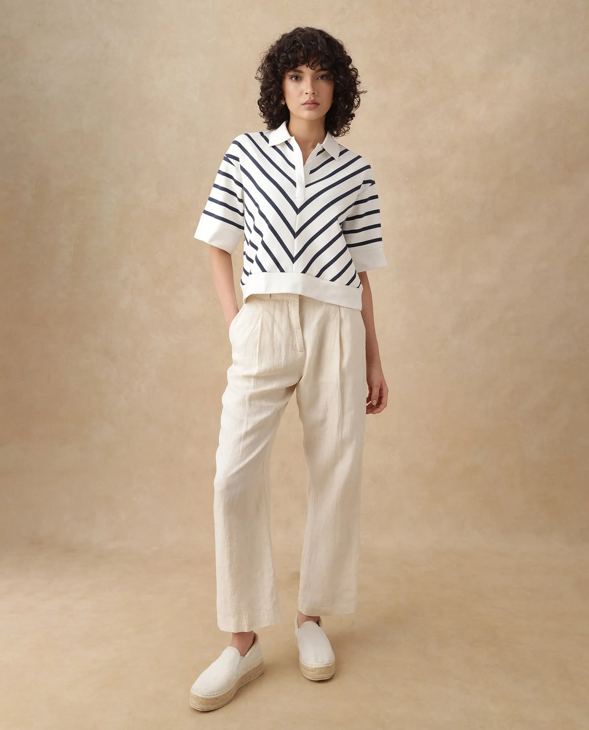 Rareism Women's Bhacor Off White Cotton Blend Johnny Collar Striped Regular Fit Top