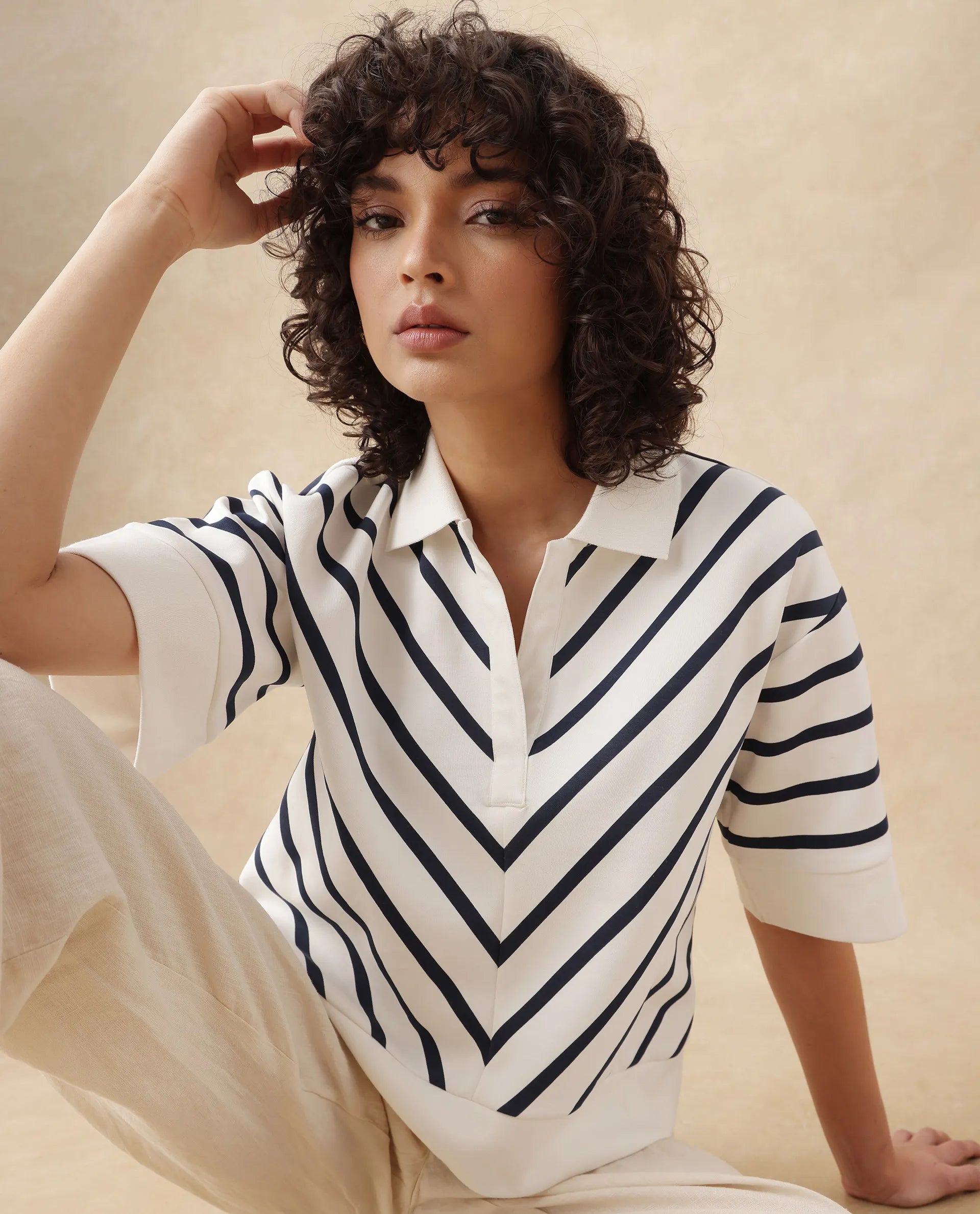 Rareism Women's Bhacor Off White Cotton Blend Johnny Collar Striped Regular Fit Top