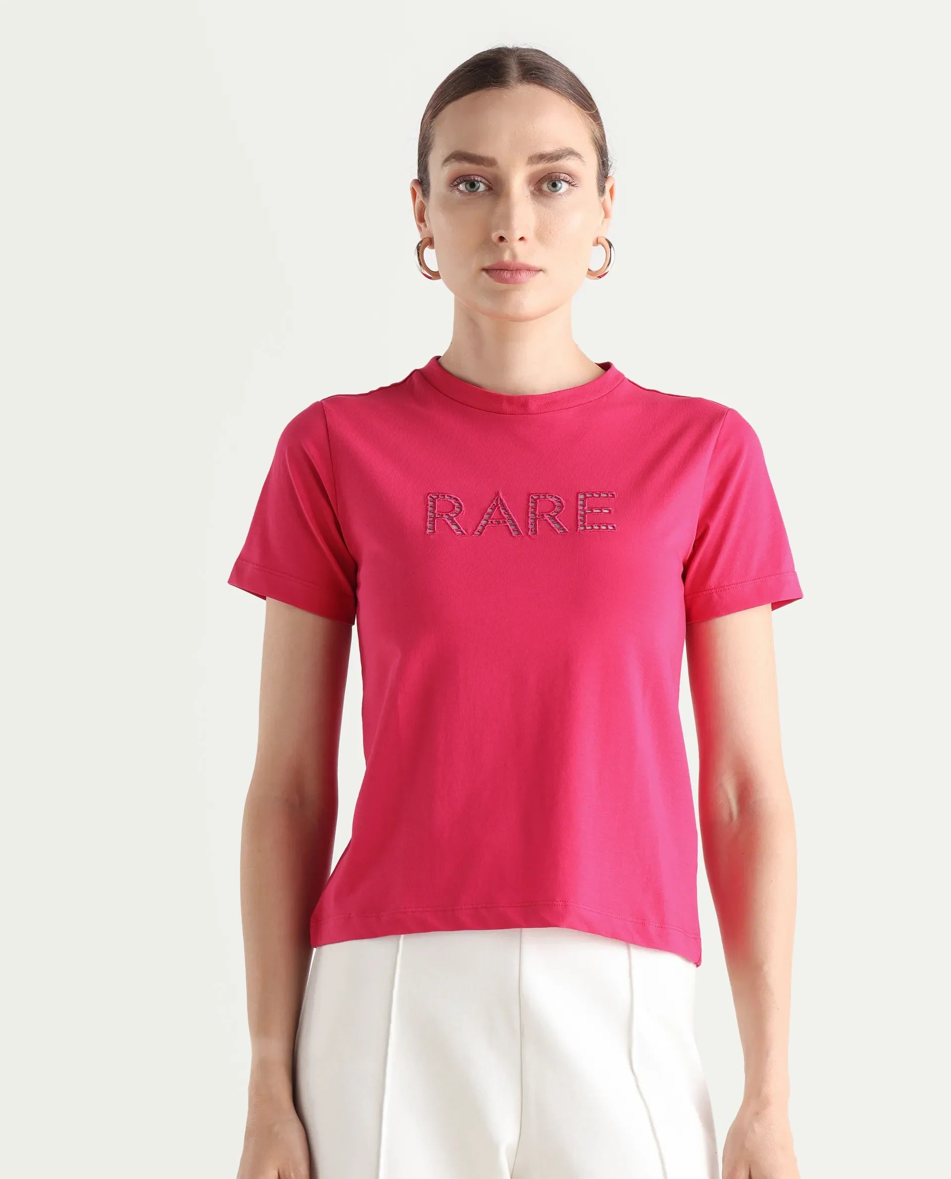 Rareism Women's Bhafi Pink Viscose Blend Crew Neck Typography Print Regular Fit T-Shirt