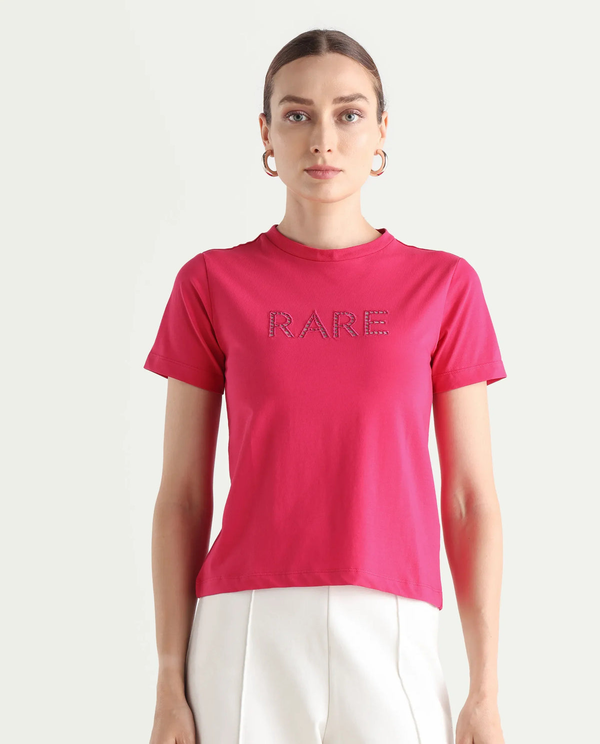 Rareism Women's Bhafi Pink Viscose Blend Crew Neck Typography Print Regular Fit T-Shirt