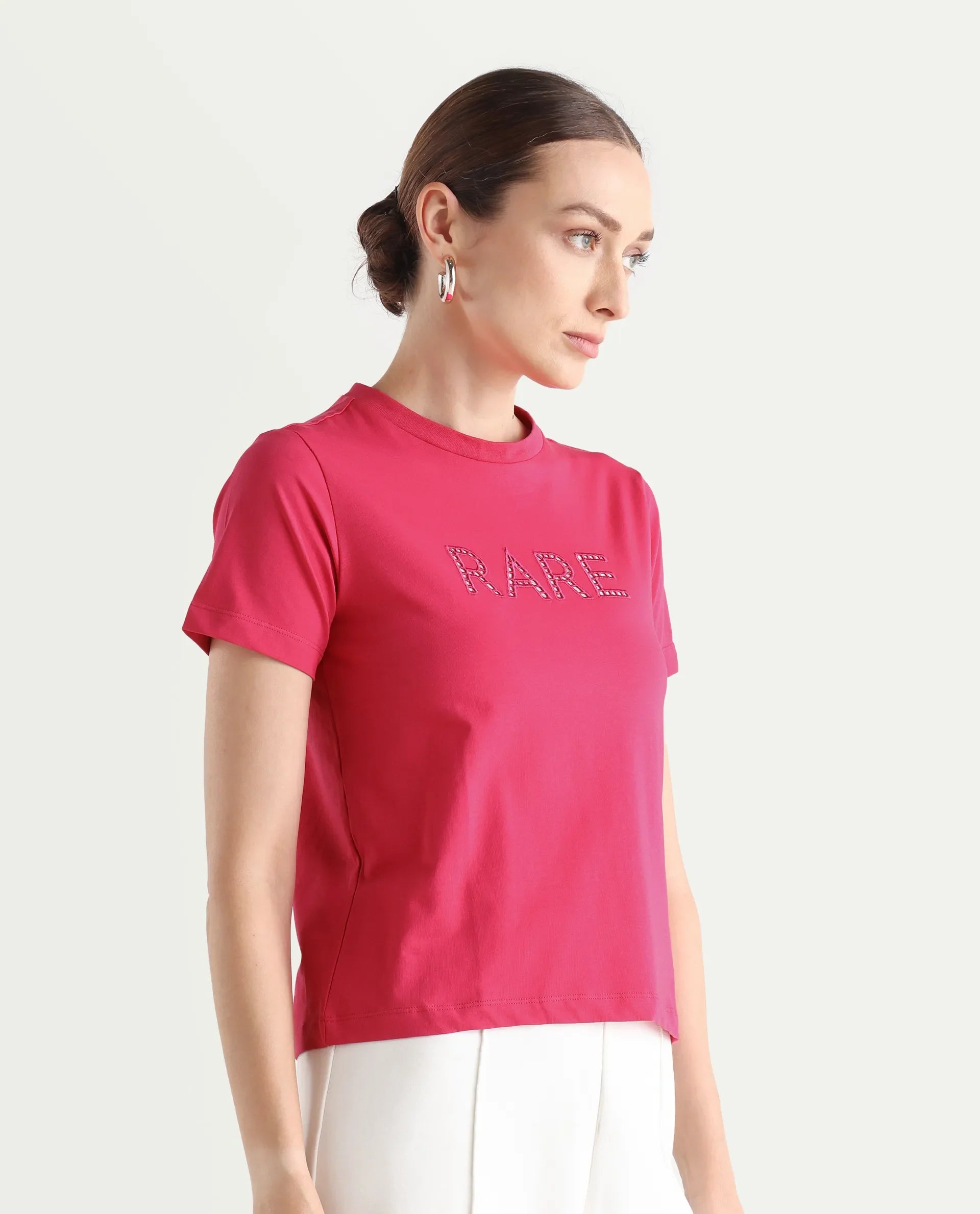 Rareism Women's Bhafi Pink Viscose Blend Crew Neck Typography Print Regular Fit T-Shirt