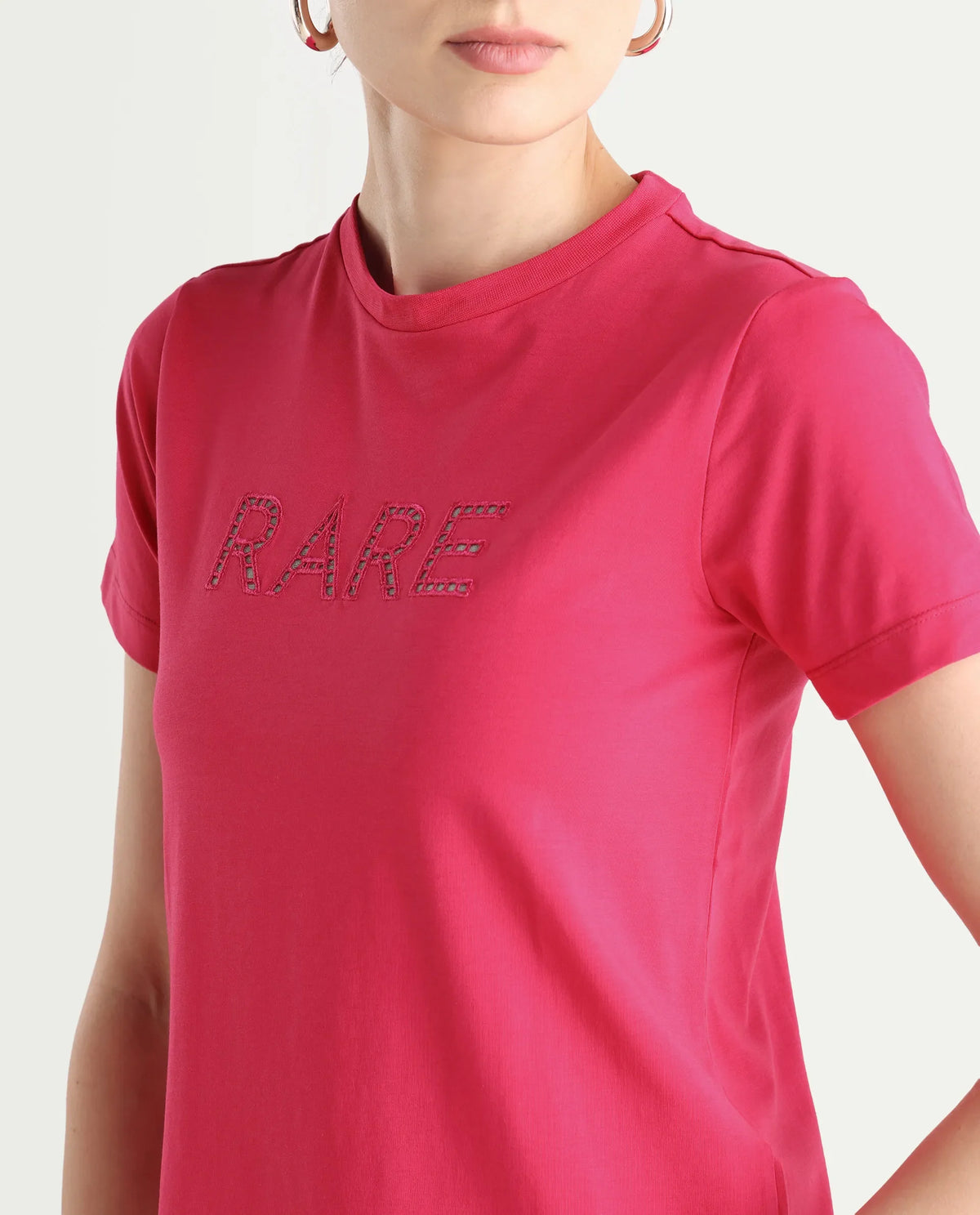 Rareism Women's Bhafi Pink Viscose Blend Crew Neck Typography Print Regular Fit T-Shirt